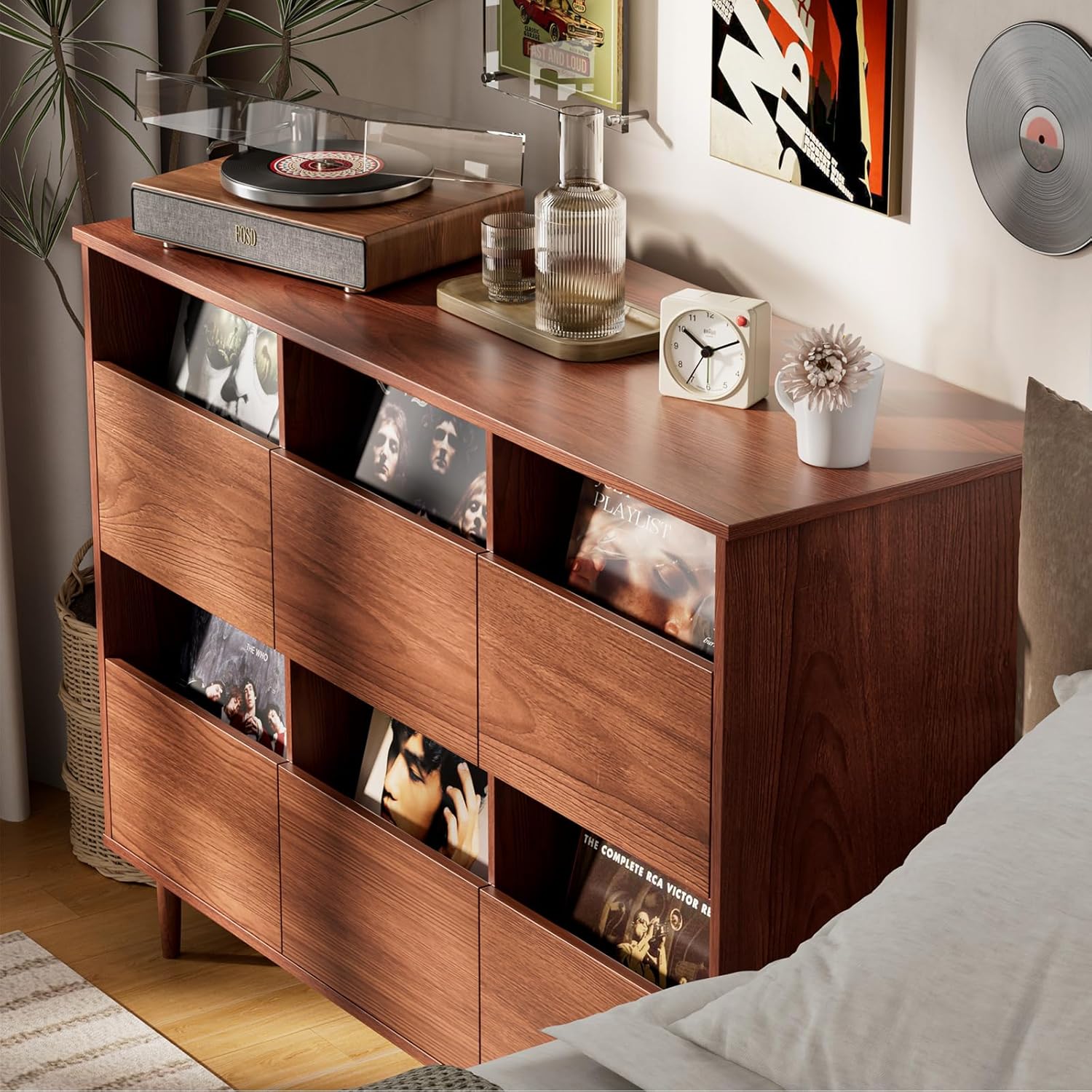 BROTTAR Large Record Player Stand with Vinyl Storage, Record Storage Cabinet, Mid Century Turntable Stand, Vinyl Record Storage Organizer with Shelves for Bedroom, Living Room, Brown