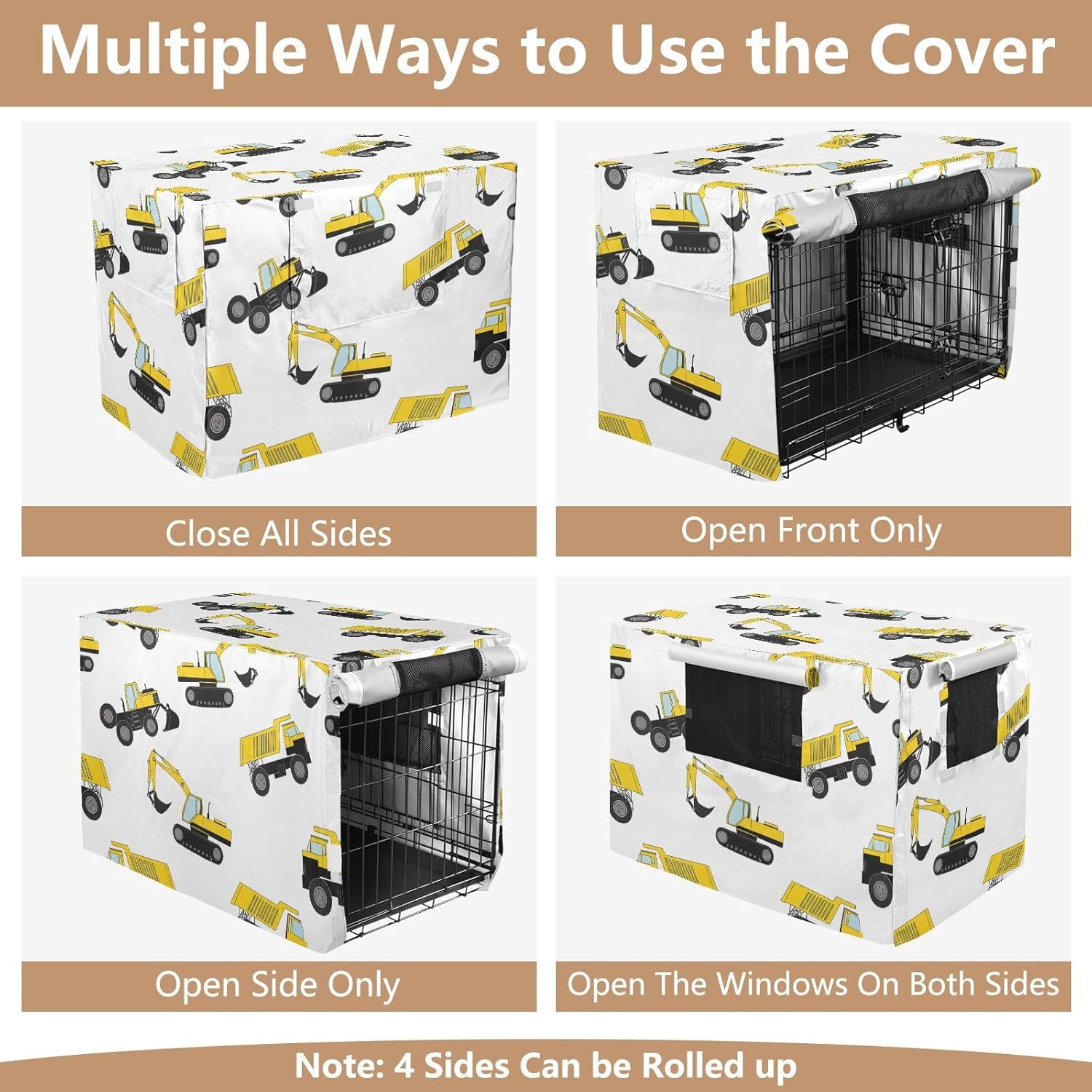 Construction Vehicles White Pet Crate Cover with Roll-up Sides, Breathable Dog Crate Cover Indoor Use, X-Large