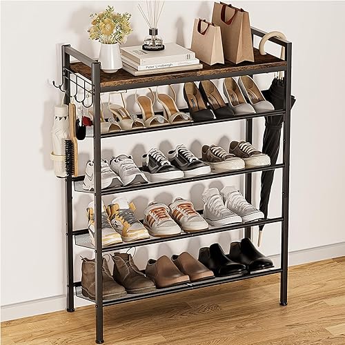 Miniatura 9 de Shoe Rack for Entryway, 4-Tier Black Metal Shoe Rack with Hooks and Adjustable Mesh Shelves, Shoe Shelf for Closet, Front Door Entrance, and Dorm
