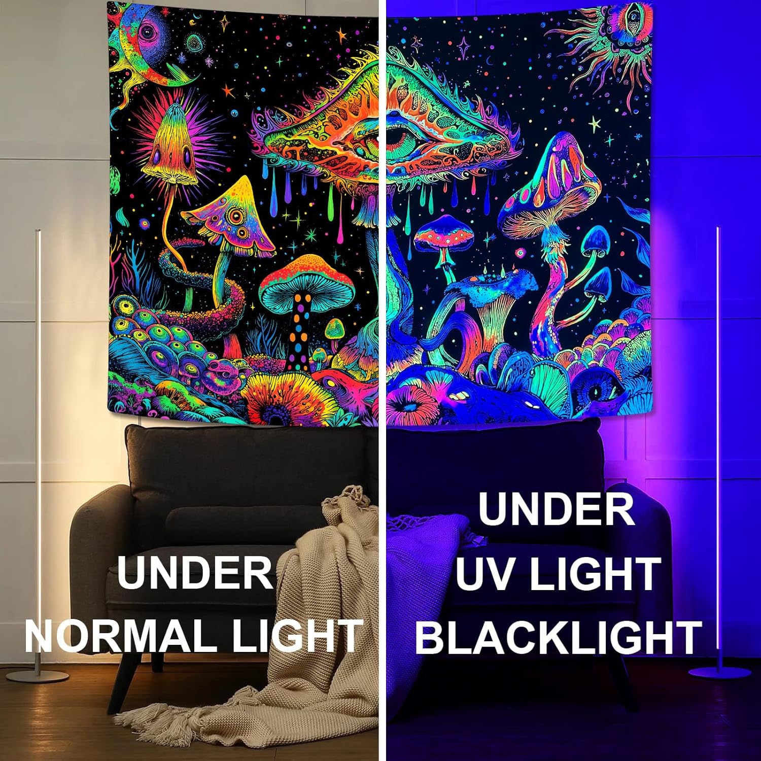 Yeoiat Blacklight Tapestry Fantastic Mushroom Tapestries Hippie Tapestries Colorful Wall Tapestry Bedroom Dormitory Living Room Decoration 90"x70"