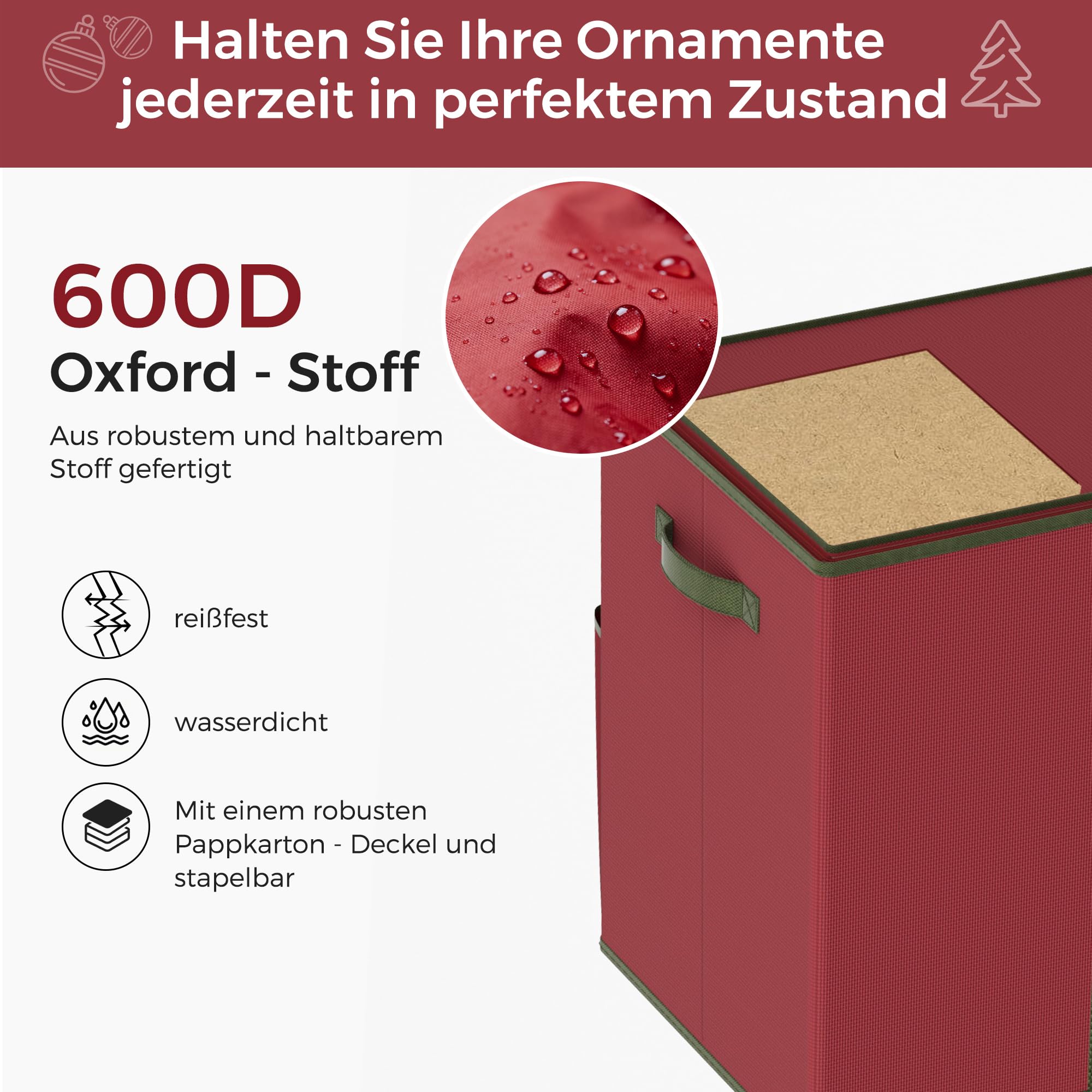 Weihnachtskugel Aufbewahrungsbox， für Weihnachtsschmuck, stapelbarer Weihnachts-Aufbewahrungsbehälter mit Deckel, 10 Fächer, 600D Oxford,7,6 cm 160 Steckplätze,64 x 32 x 43.5 cm,Rot