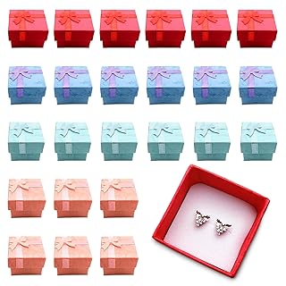 24Pcs Colored Ring Boxes - Ring Jewelry Box Set, Small Earring Box with Ribbon & Soft Foam Inside - Cardboard Earring Boxes Bulk with Lid, Great for Packaging Christmas Gifts Presentation with Style