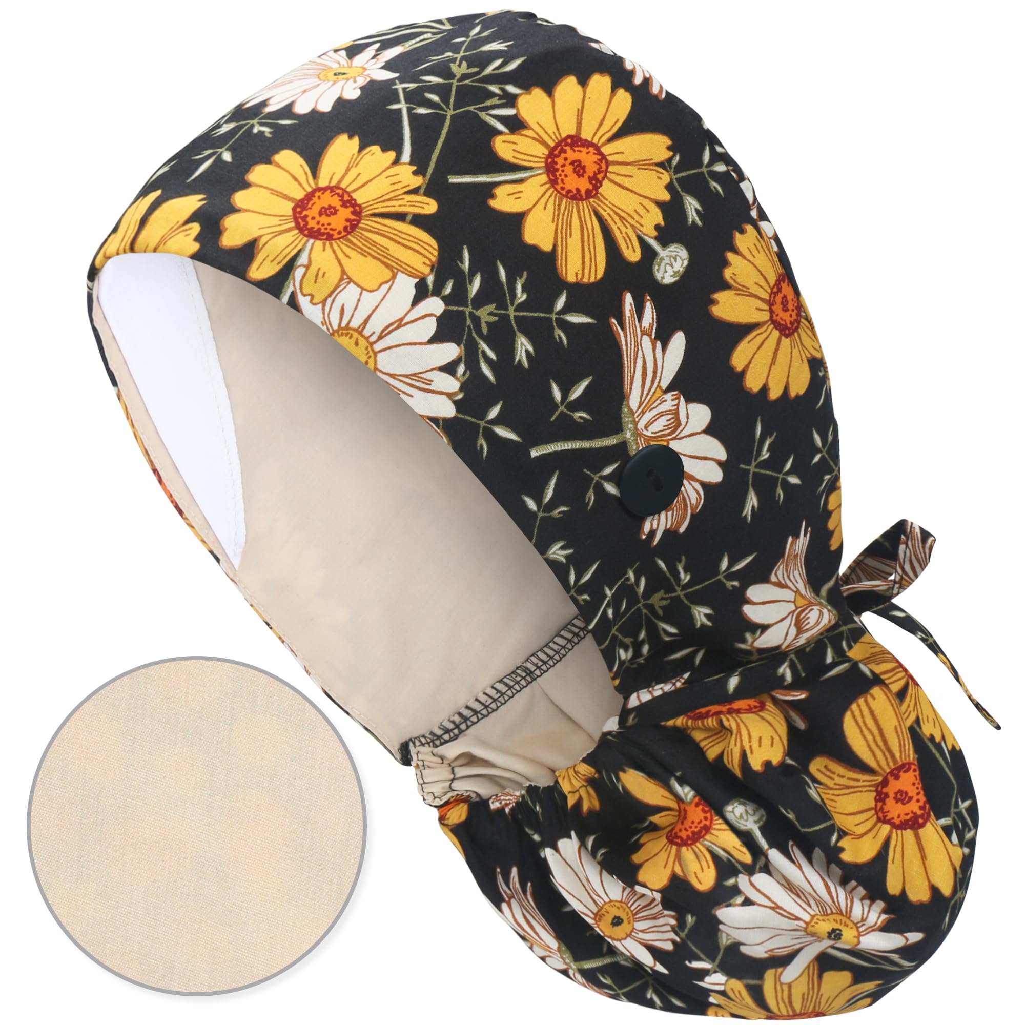 QBA Adjustable Working Cap with Button, Satin-Lined Hat, Cotton Working Hat Sweatband, Elastic Tie Back Hats Unisex