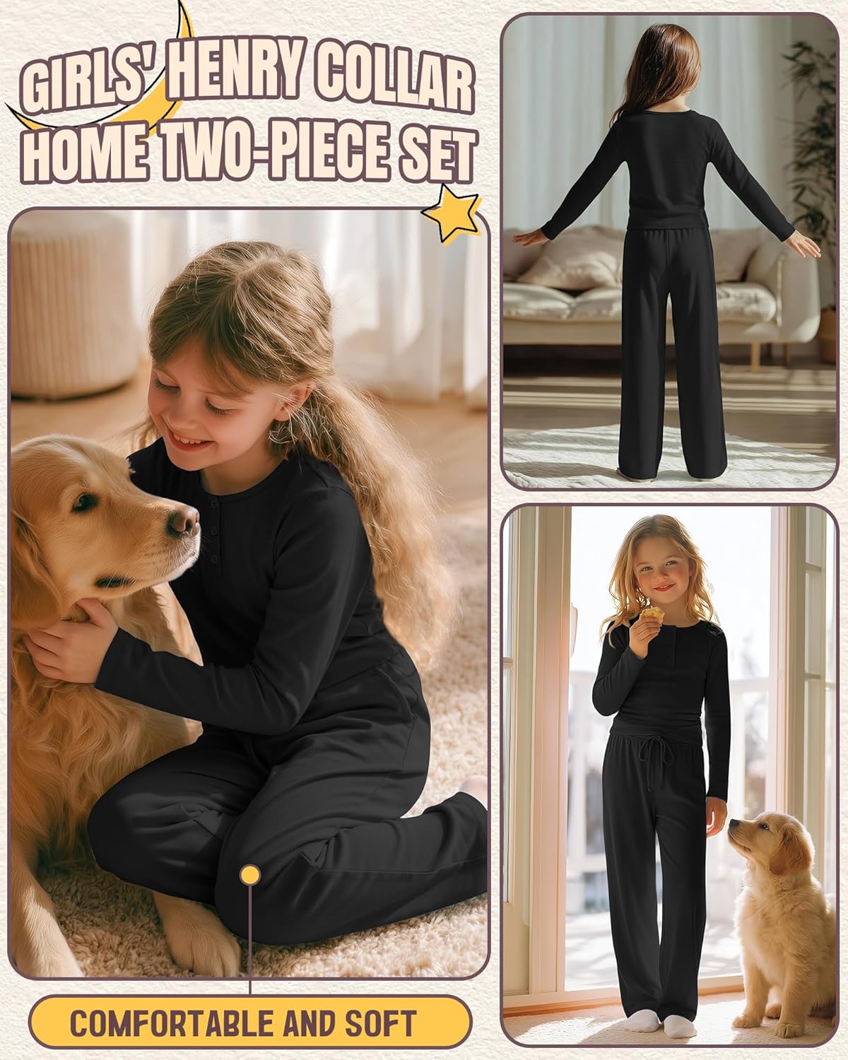 Girls 2 Piece Outfits Lounge Sets Long Sleeve Ruched Knit Henley Neck Fitted Tops Straight Leg Pants with Pockets - Image 3