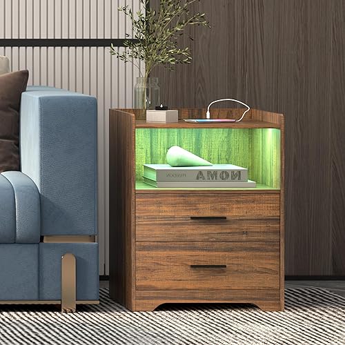 Miniatura 8 de DNBSS Juego de 2 mesas de noche con estación de carga mesita de noche LED mesa de noche con 2 cajones mesa auxiliar de camasoportes de noche para