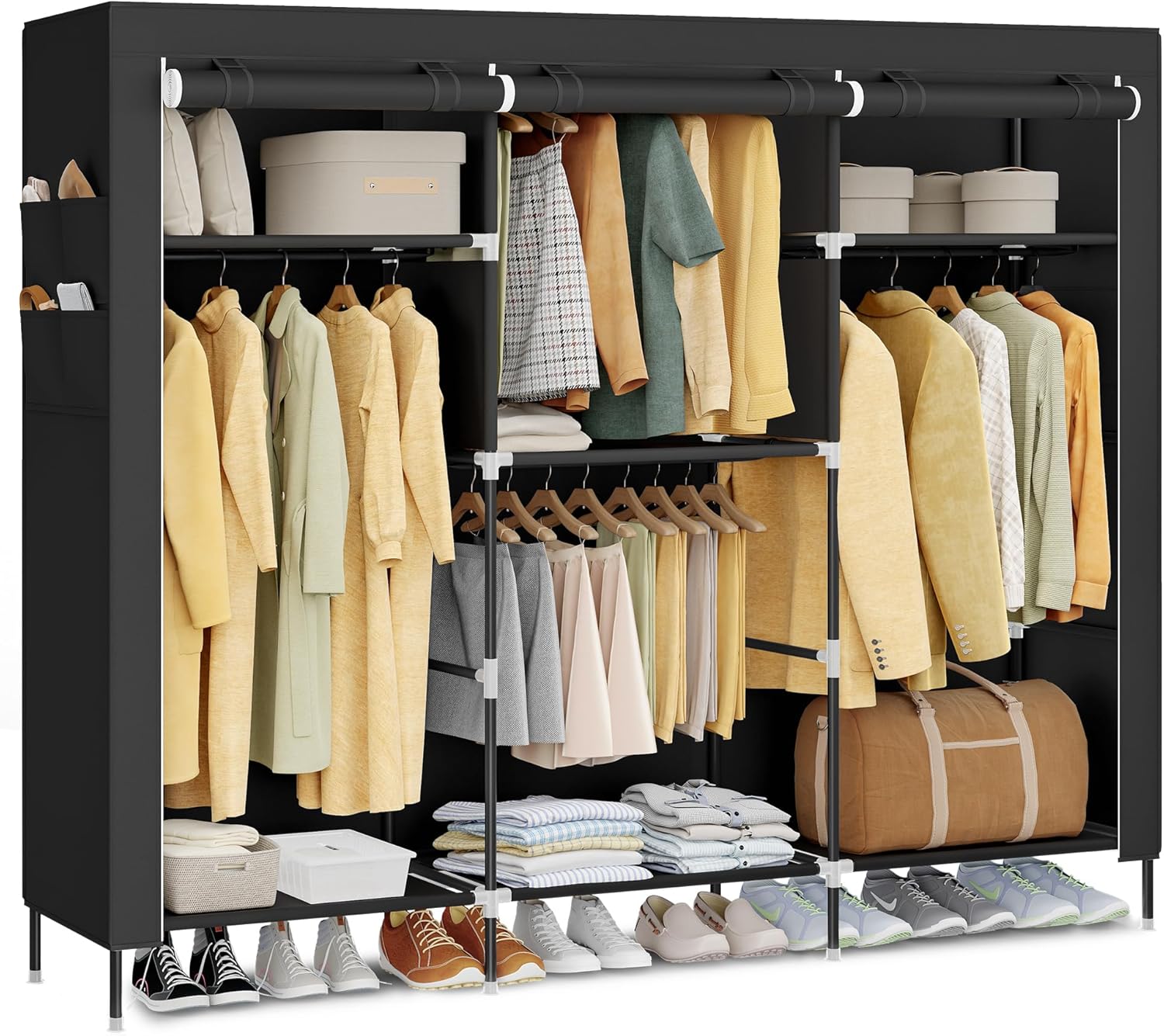 SONGMICS Portable Closet, Fabric Wardrobe, Clothes Rack with Shelves, Pockets, Large Capacity, 4 Hanging Rods, 74.4 x 17.7 x 70.9 Inches, Black URYG011BZ02