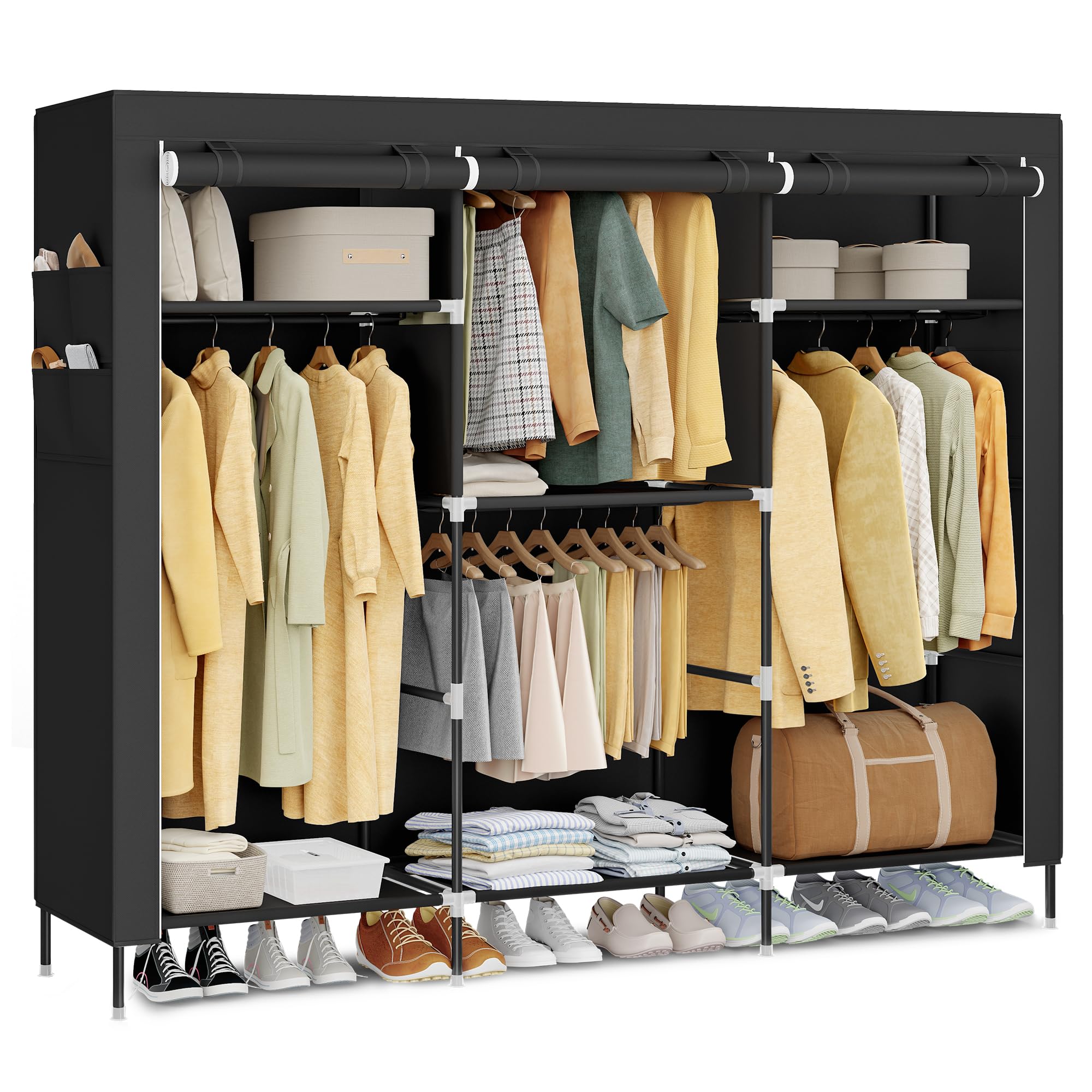 SONGMICS Armario de Ropa de Tela para Dormitorio, Armario Portátil con Barras para Colgar, Baldas y Bolsillos Laterales, Gran Capacidad, 4 Zonas para Colgar Ropa, 45 x 189 x 180 cm, Negro RYG011BZ02