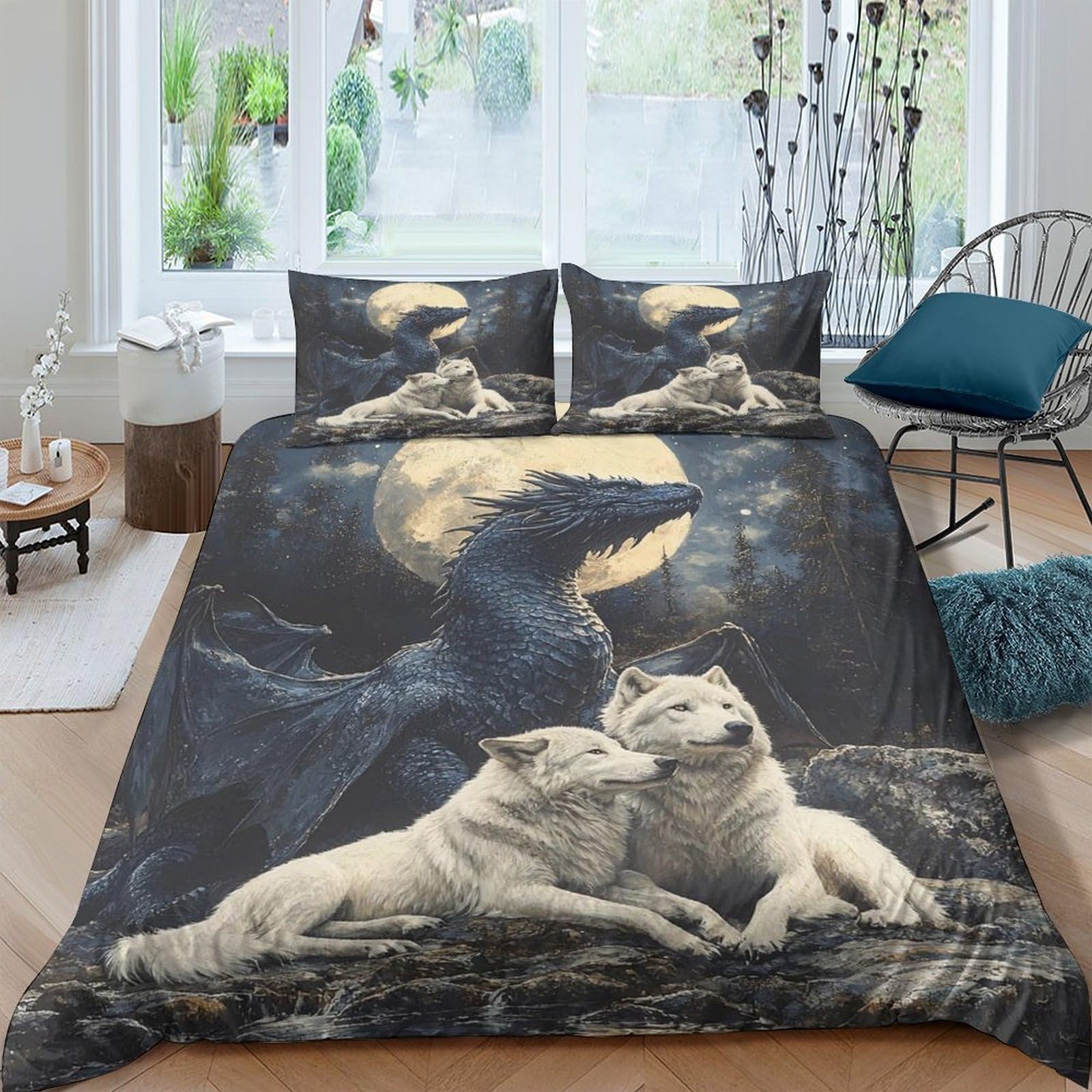 GPLZQXKJNH 3D Printed Wolf Moon Duvet Cover Set Microfiber Soft Breathable Forest Night Bedding with 2 Pillowcases for Bedroom Single（135x200cm）