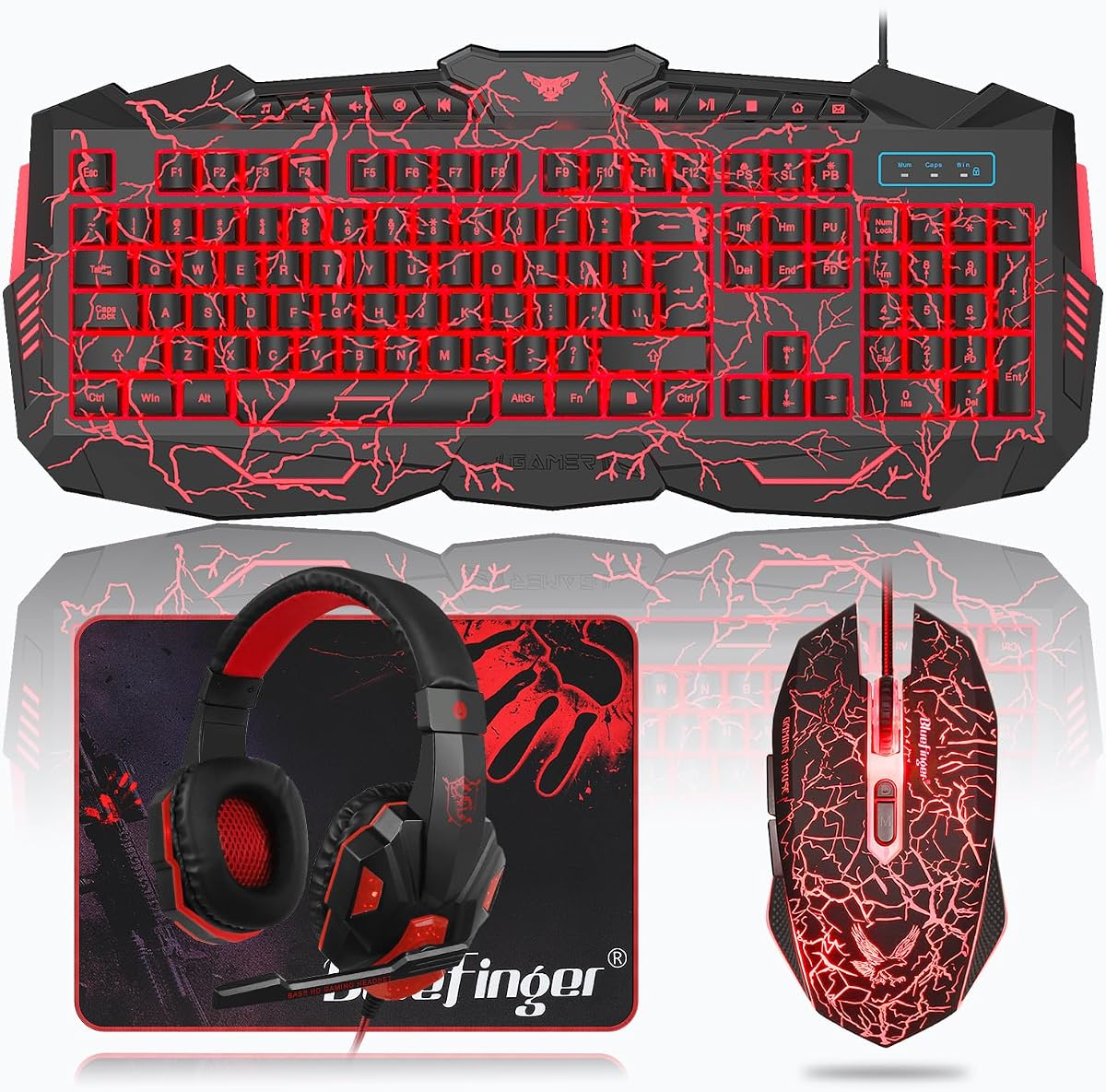 BlueFinger Combo de auriculares con teclado para juegos, retroiluminación con cable USB, teclado LED brillante con letras de 114 teclas, auriculares con luz LED roja para computadora portátil, PC, trabajo y juego