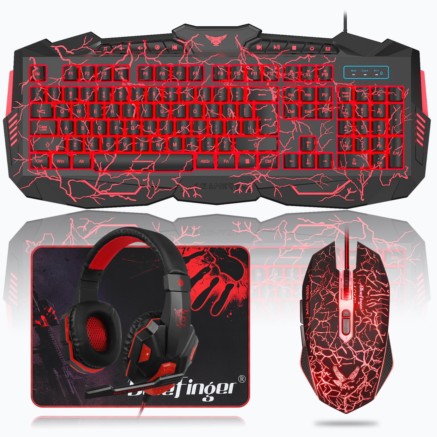 BlueFinger Gaming Keyboard Mouse Headset Combo, USB Wired Crack Backlit,114 Keys Letters Glow LED Keyboard, Red LED Light Headset for Laptop PC Computer Work and Game