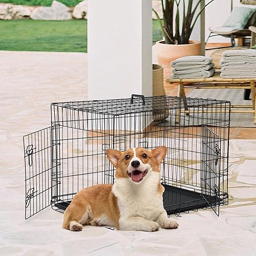 Vista 2 de FDW Jaula para perros de 30 pulgadas con doble puerta plegable de alambre de metal con bandeja extraíble y panel divisor, jaula para mascotas