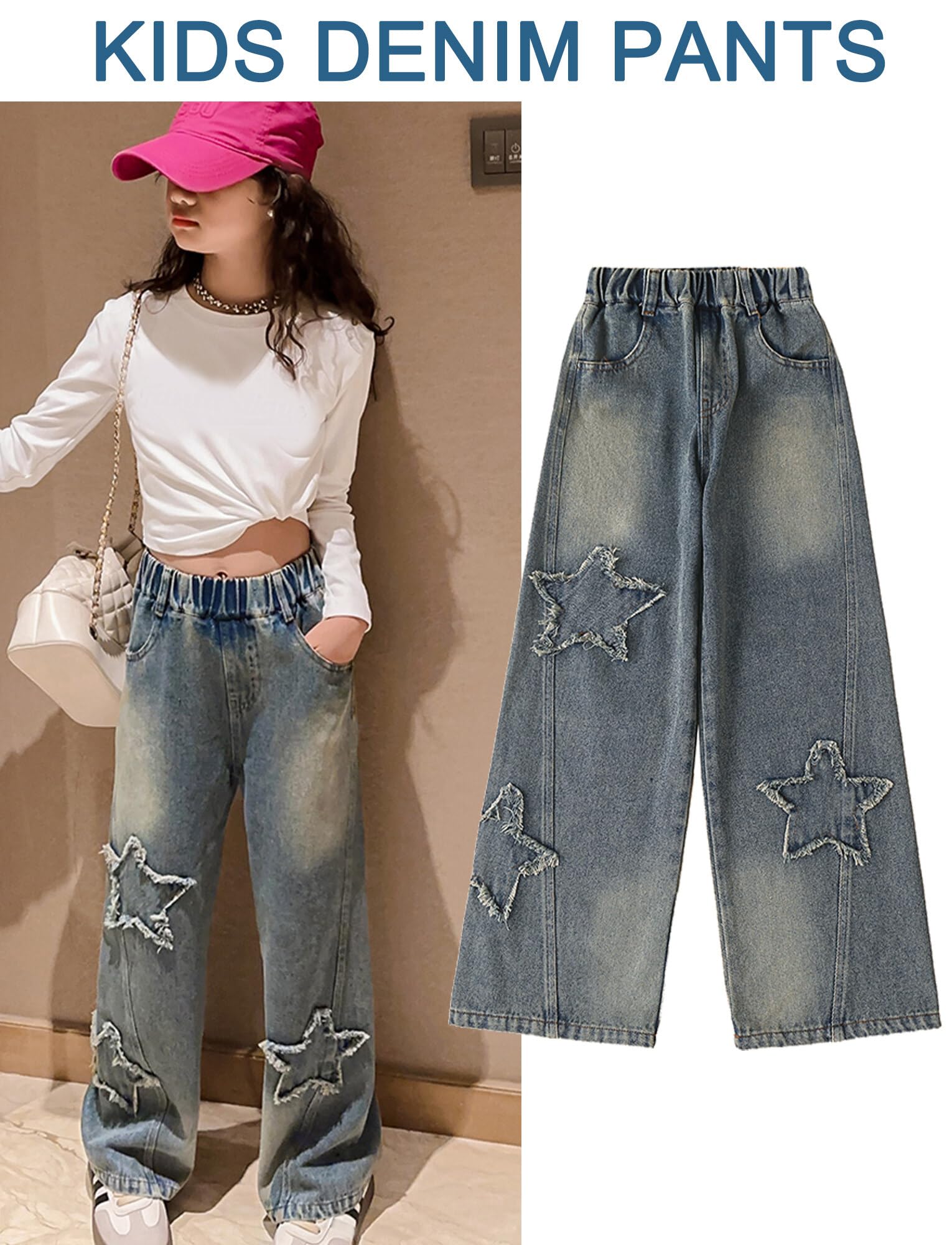Happy Cherry - Pantaloni Lunghi Jeans Ragazza Bambini Jeans Casual con Elastico Vita Pantaloni Confortevole Ragazze per Estate Primavera Autunno - 5-15 Anni