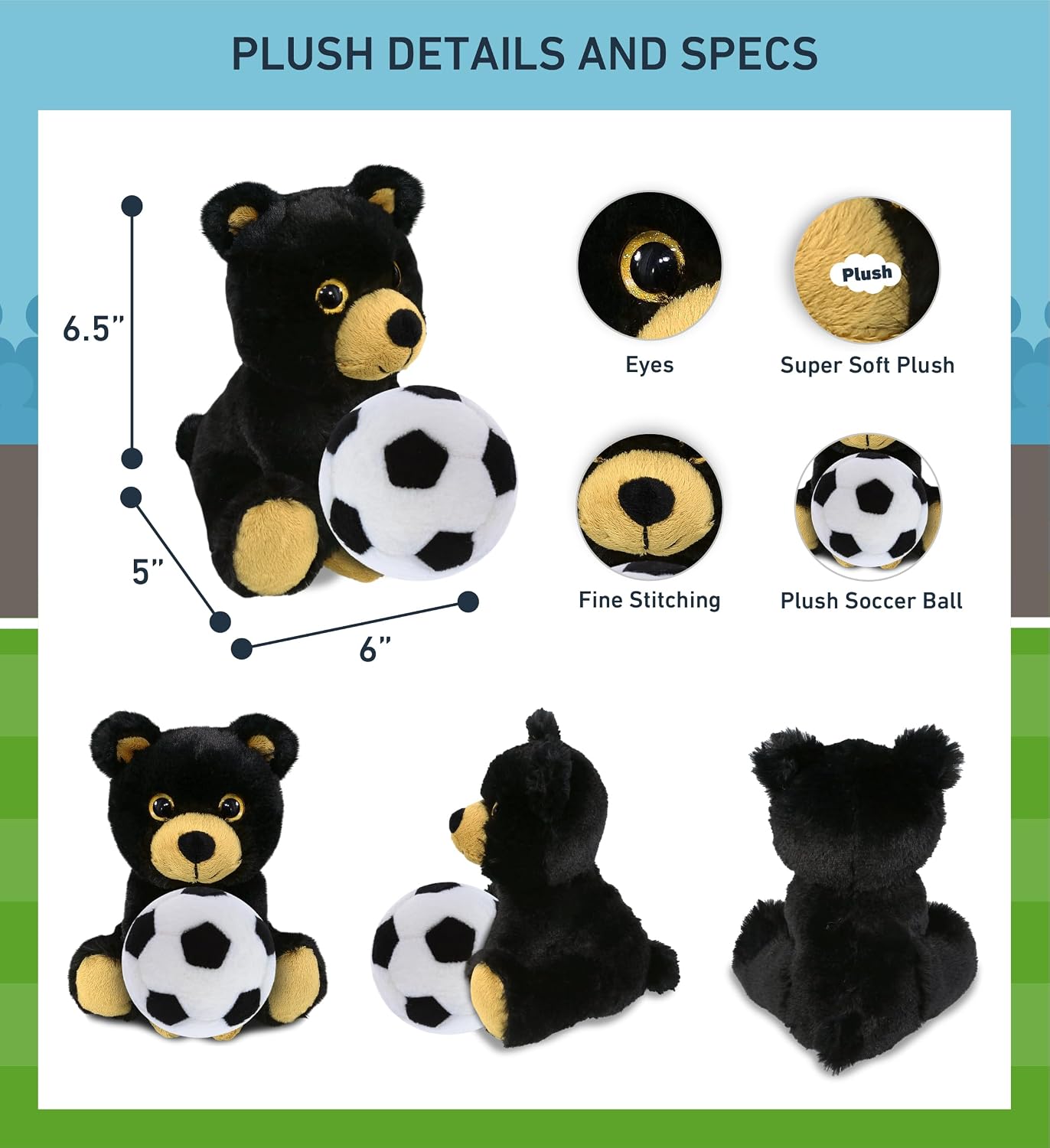 DolliBu Big Eye Black Bear Stuffed Animal with Soccer Ball Plush - Huggable Bear Adorable Playtime Plush Toy, Cute Wildlife Gift, Super Soft Stuffed Doll Animal Toy for Kids, Adults - 6.5 Inches