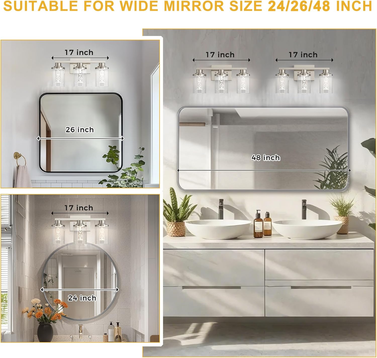 L LOHAS LED 3-Light Brushed Nickel Vanity Lights with 5CCT, Eye Protection LED Bathroom Light Fixtures, Dimmable Modern Bathroom Vanity Light Over Mirror with Clear Glass Shade