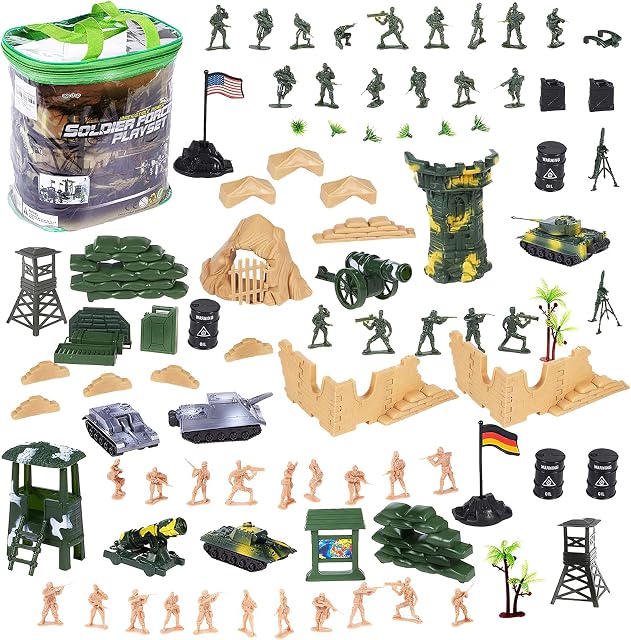 deAO 100 Piece Military Play Set with Toy Soldiers; Military Figures; Tanks; Planes; Flags; Carry Case and Battlefield Accessories