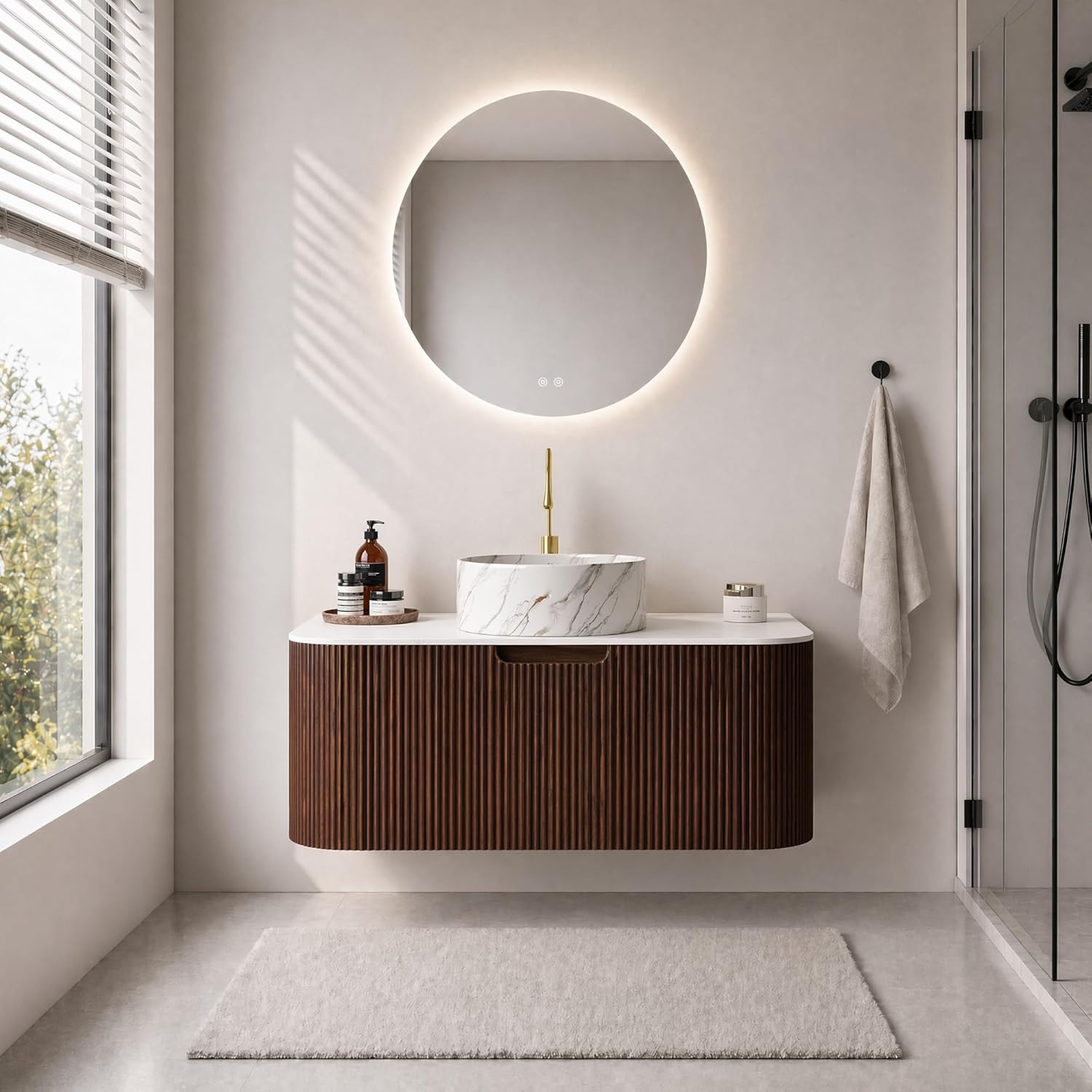 Yayzy 36" Floating Bathroom Vanity with Sink, Solid Wood Fluted Cabinet, White Marble-Patterned Ceramic Basin & Faux Marble Top, Soft-Close Drawer, Pre-Assembled, Walnut Woodgrain