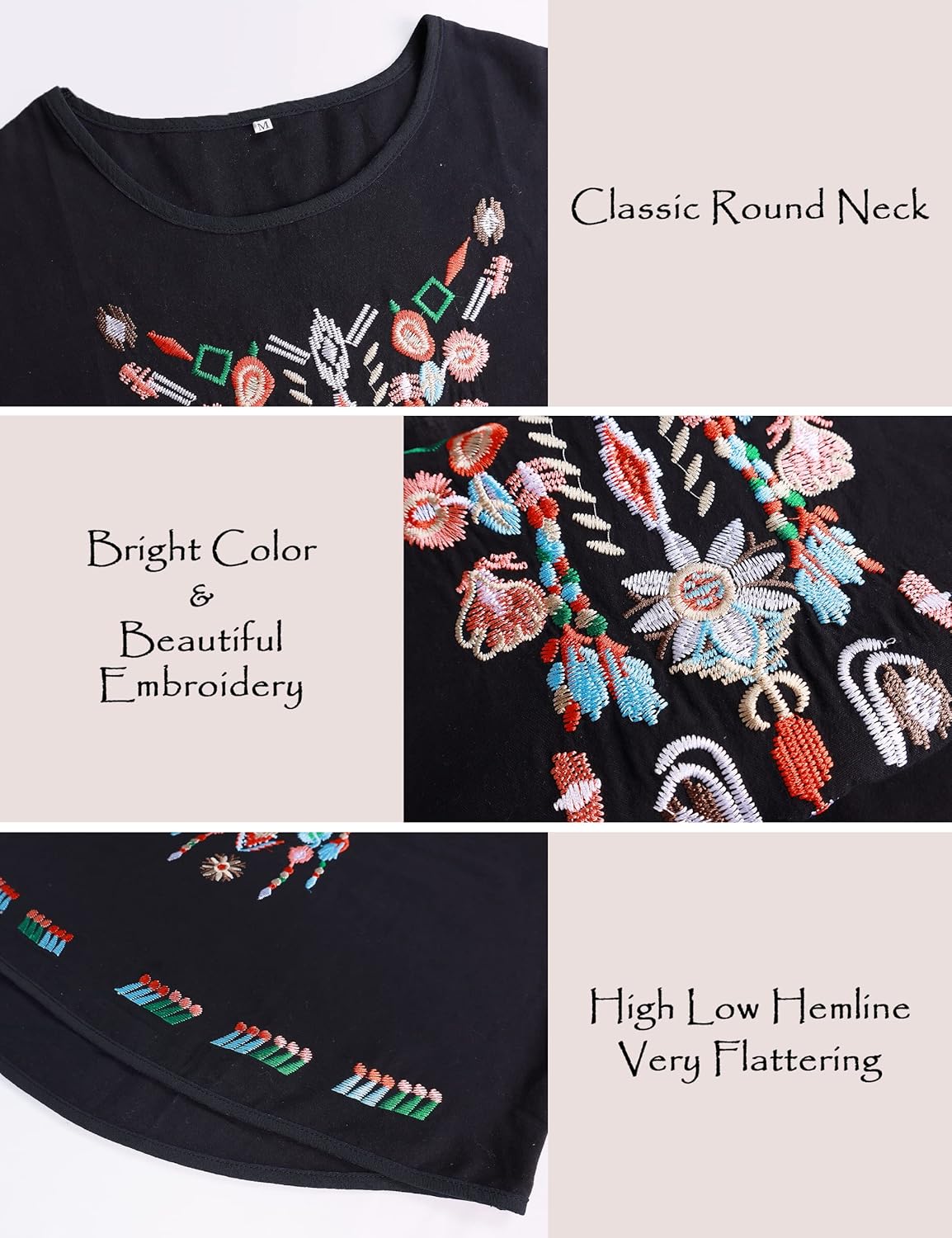 SeekMe Women's Cotton Linen Tops Embroidered Short Sleeve Peasant Boho Mexican Tunic Top Festival Casual Loose T Shirt - Image 4