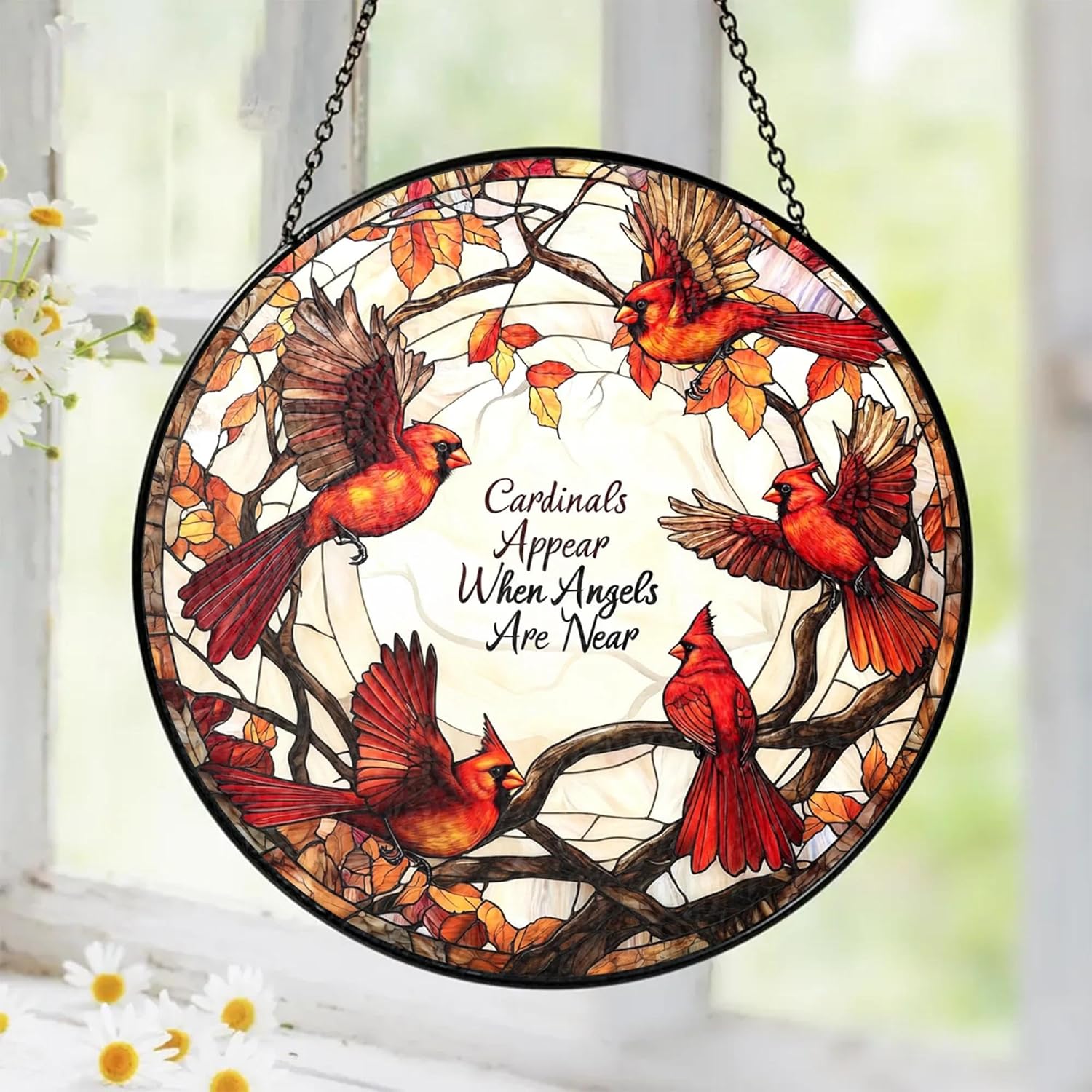 Cardinal Suncatcher Stained Glass Window Hanging Decor, Cardinal Remembrance Gifts, Cardinals Memorial Gifts for Loss of Loved One, Women Grandma Mom, Mothers Day Birthday Christmas Bird Lovers Gift