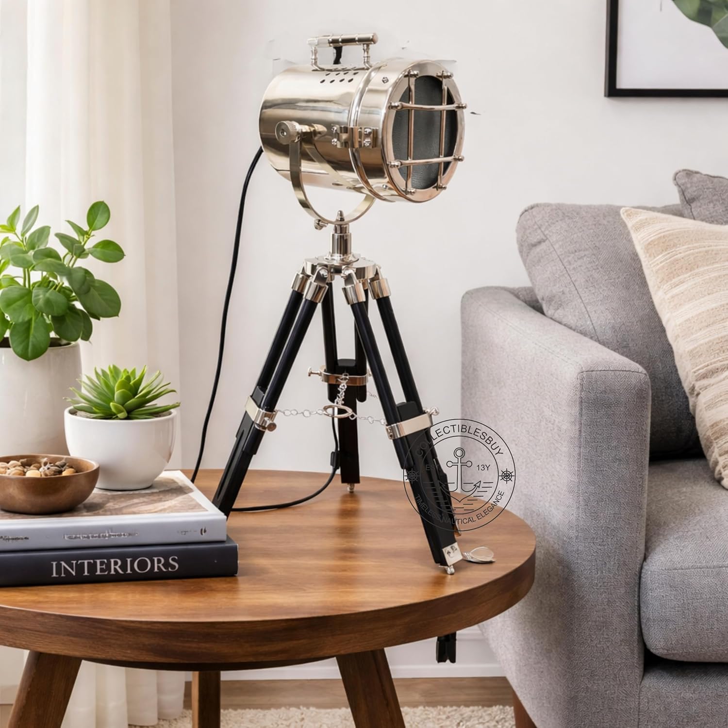 collectiblesBuy Nautical Desk Lamp with Black Wooden Tripod – 22 Inch Adjustable Nickel Finish LED Spotlight Searchlight Vintage Maritime Table Decor for Home Office