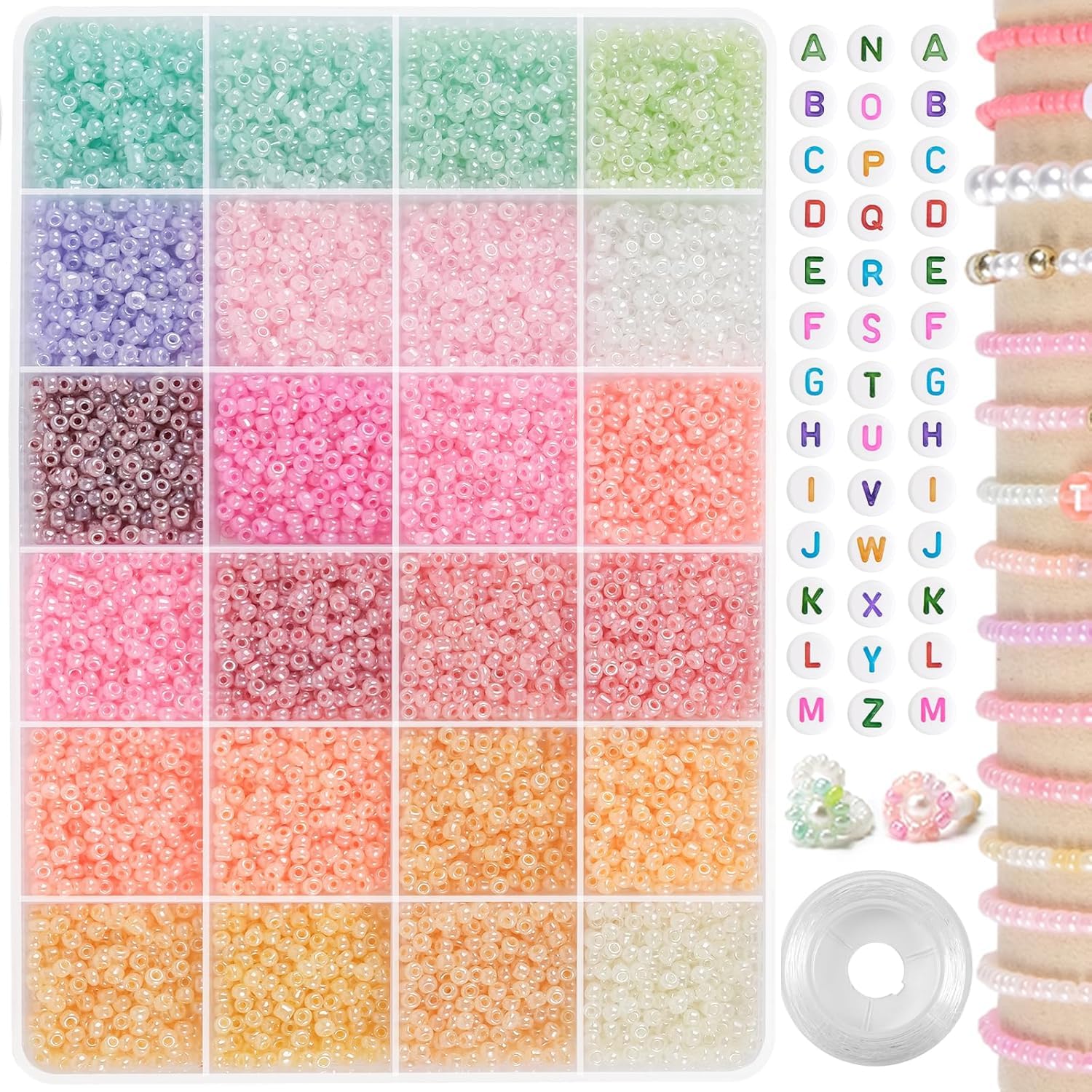 MODINITY Pastel Seed Beads Bracelet Making Kit with 24 Colors, Alphabet Letter Beads, Elastic String and Storage Box for DIY Jewellery Making, Bracelets, Necklaces, Rings and Craft Projects-image-21