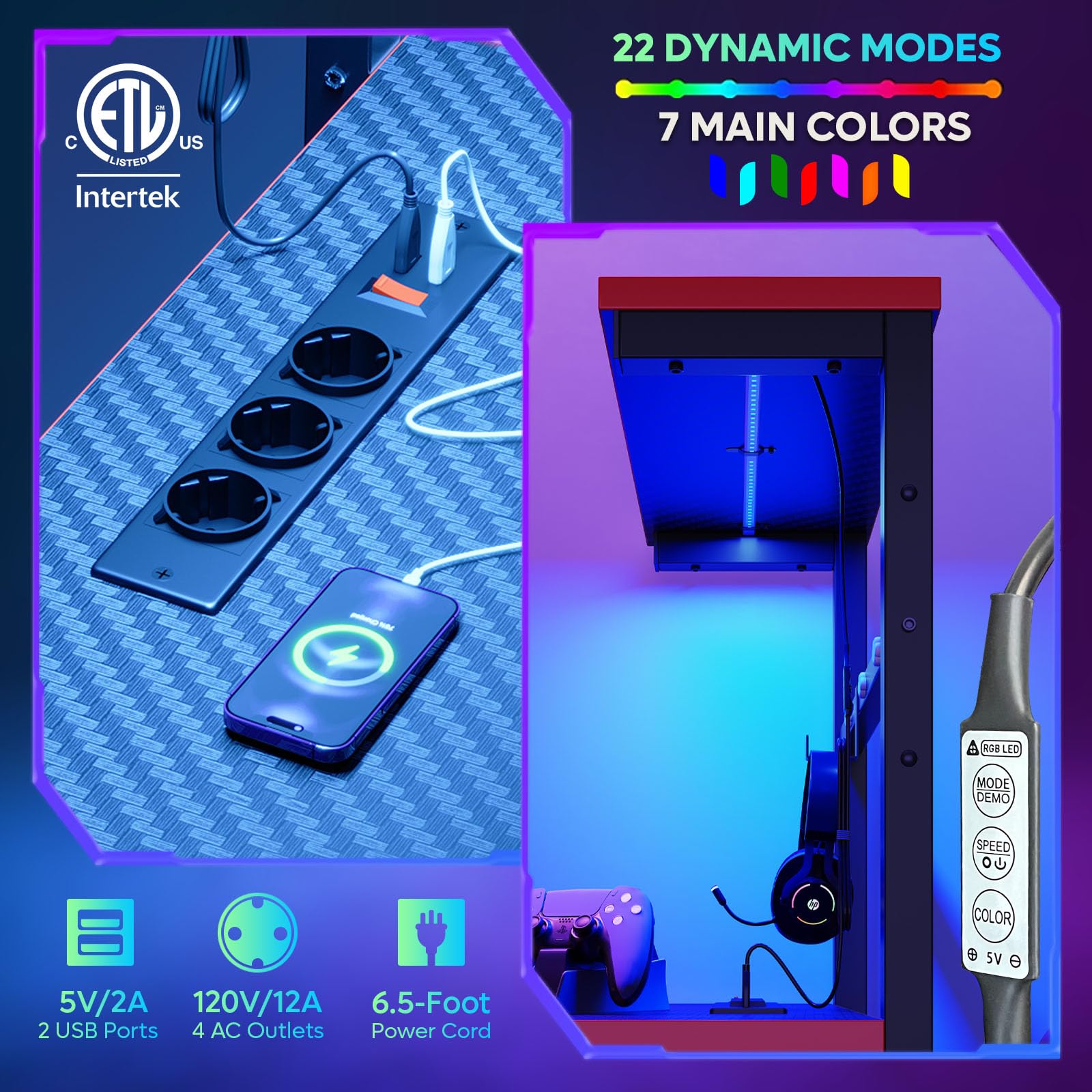 Bestier Scrivania Gaming con Prese Elettriche Integrate - Tavolo da Gioco Ergonomico con con ganci per cuffie, Illuminazione LED RGB, piccolo spazio, per Gamer Professionisti, nero fibra