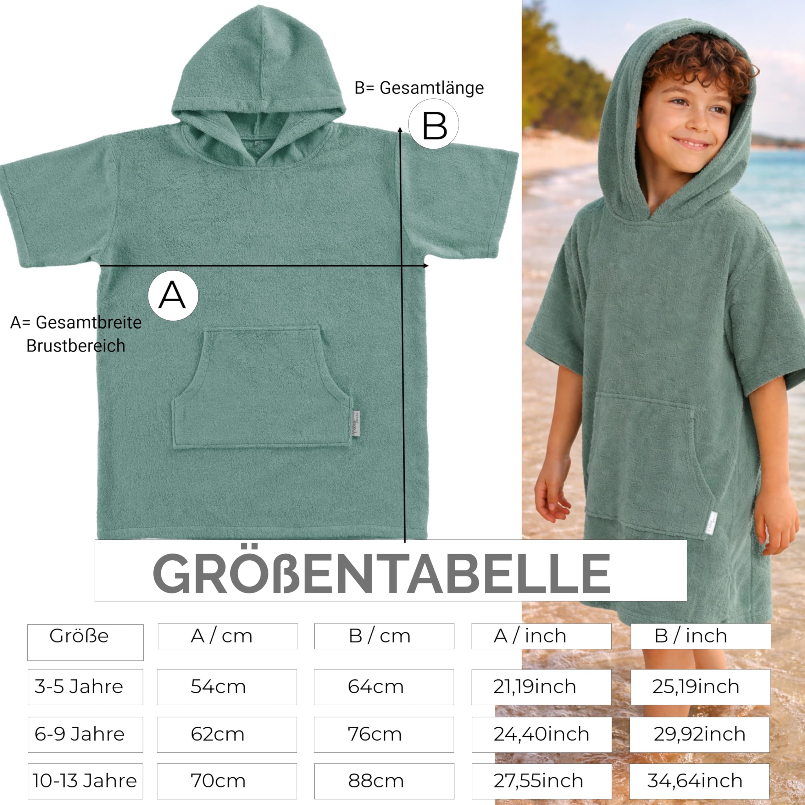 Frottee Badeponcho Kinder Jungen - Mädchen Surf Poncho 100% Baumwolle Strandponcho Handtuch mit Kapuze Surfponcho Bademantel