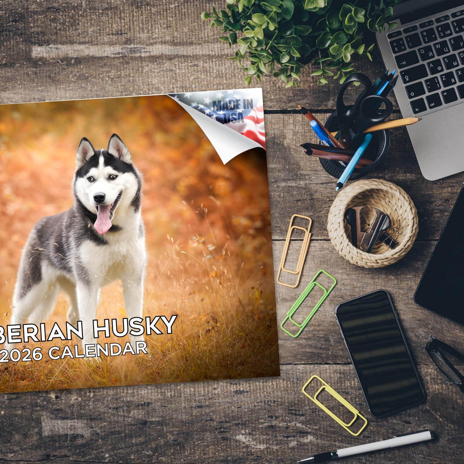 Kalendarz 2024 2025 Husky syberyjski, miesięczny kalendarz ścienny rasy psów, 30 x 45 cm, otwarty, gruby papier bez przebarwień, prezent - akademicki planer nauczyciela kalendarz organizowanie i