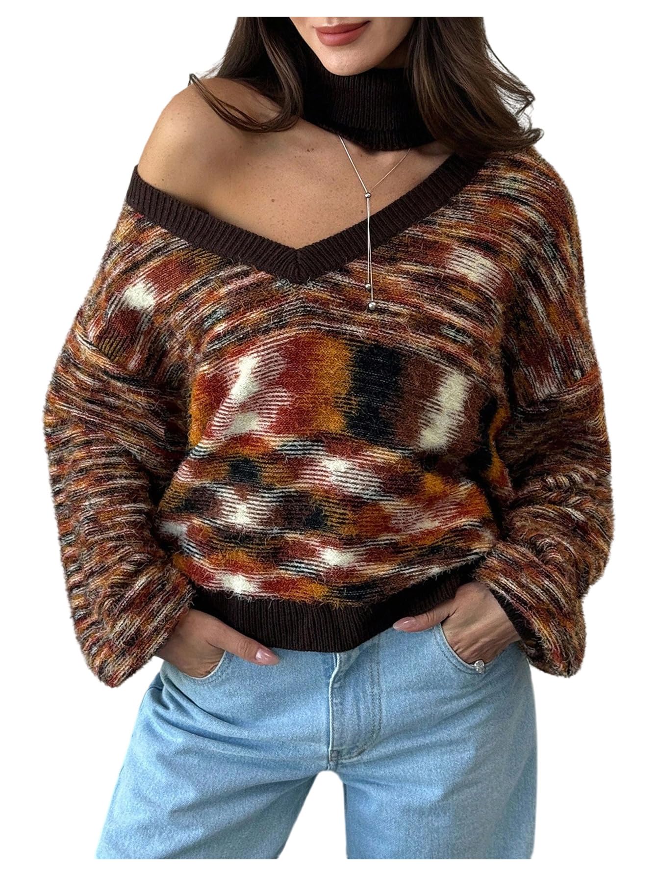 MakeMeChic Womens High Neck Striped Sweater Cut Out Long Sleeve Winter Retro Asymmetrical Knit Top