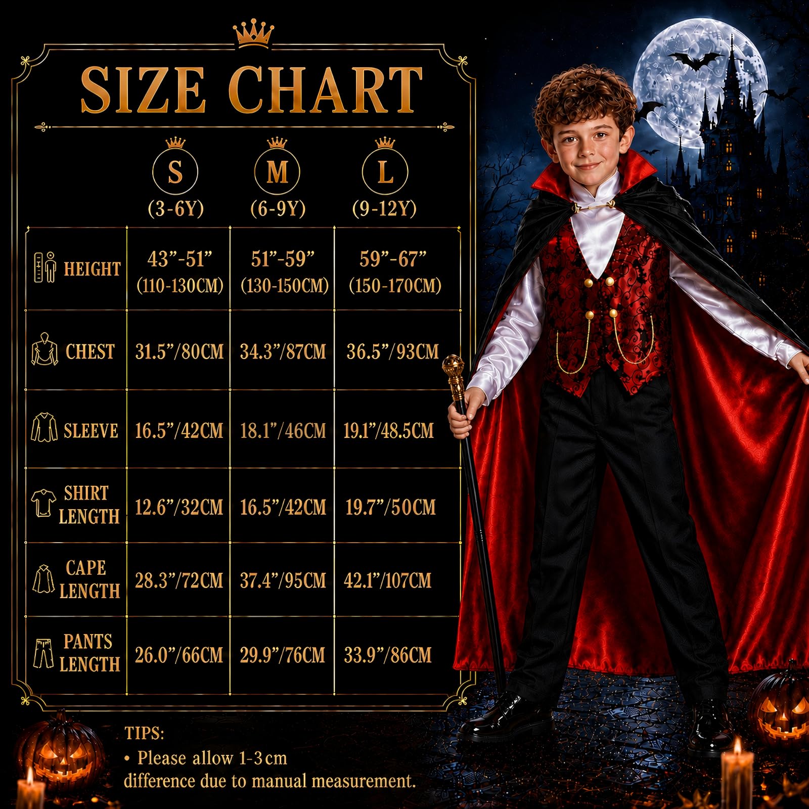 Kostium Wampira dla Chłopców 3 4 5 6 7 8 Lat, Halloween strój do gry roli 3-5 5-8, prezent Halloween z płaszczem, kamizelką, spodniami i berłem, Mały
