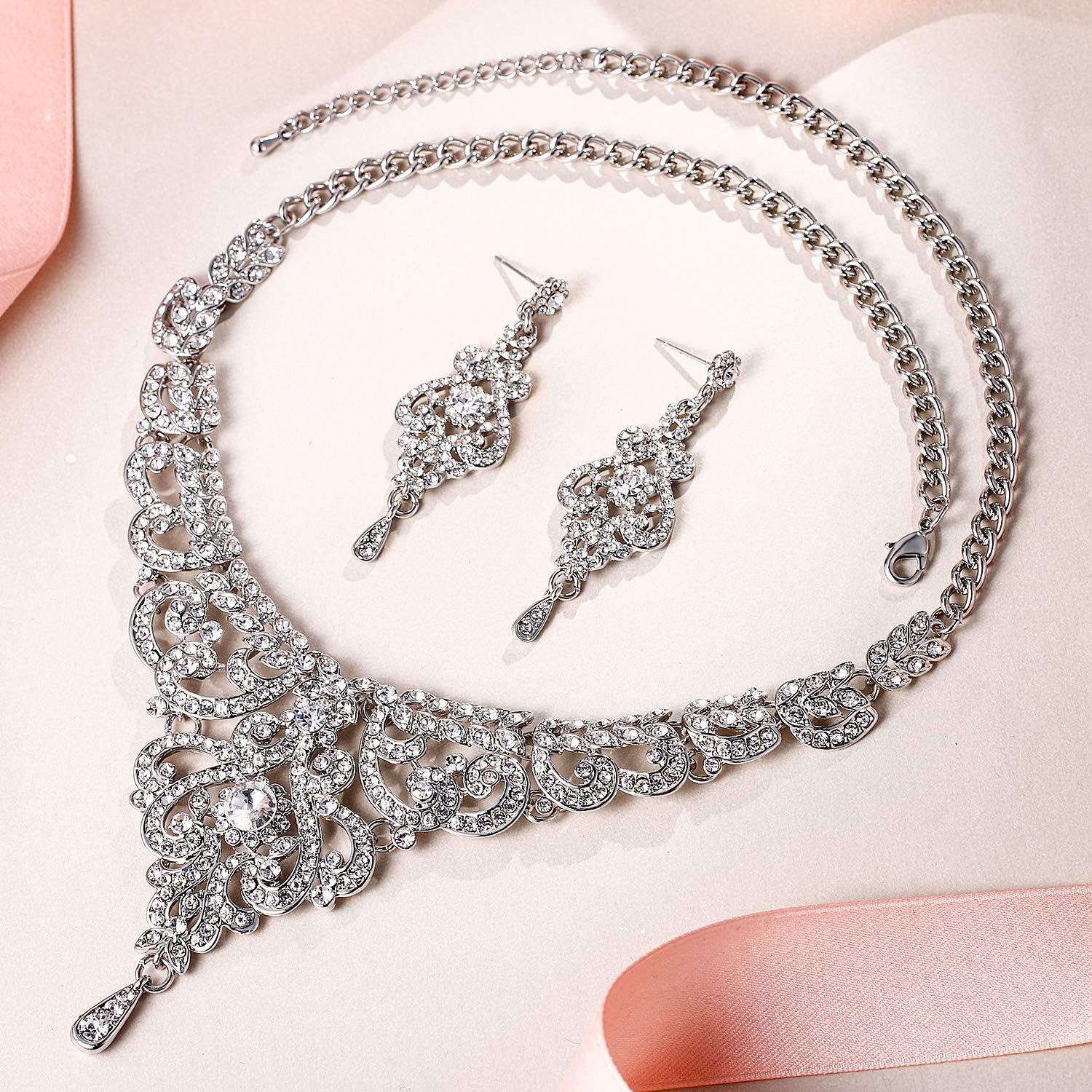 EVER FAITH Women's Austrian Crystal Art Deco Bridal Vase Flower Necklace Earrings Set - Image 4