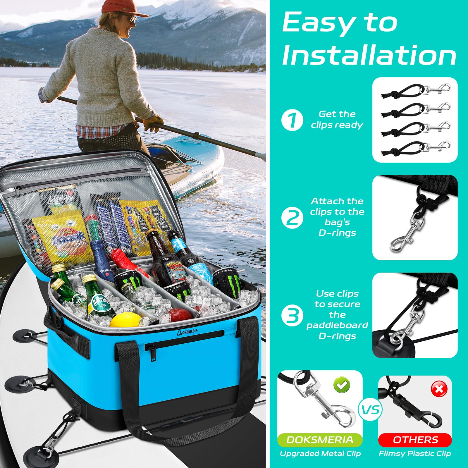 Paddle Board Kühler Wasserdicht, Super Kapazität SUP Paddleboard Deck Cooler mit Schultergurt & 6 Elastische Seilclips, Paddle Board Zubehör Tasche für Stand Up Paddleboard und Kajak