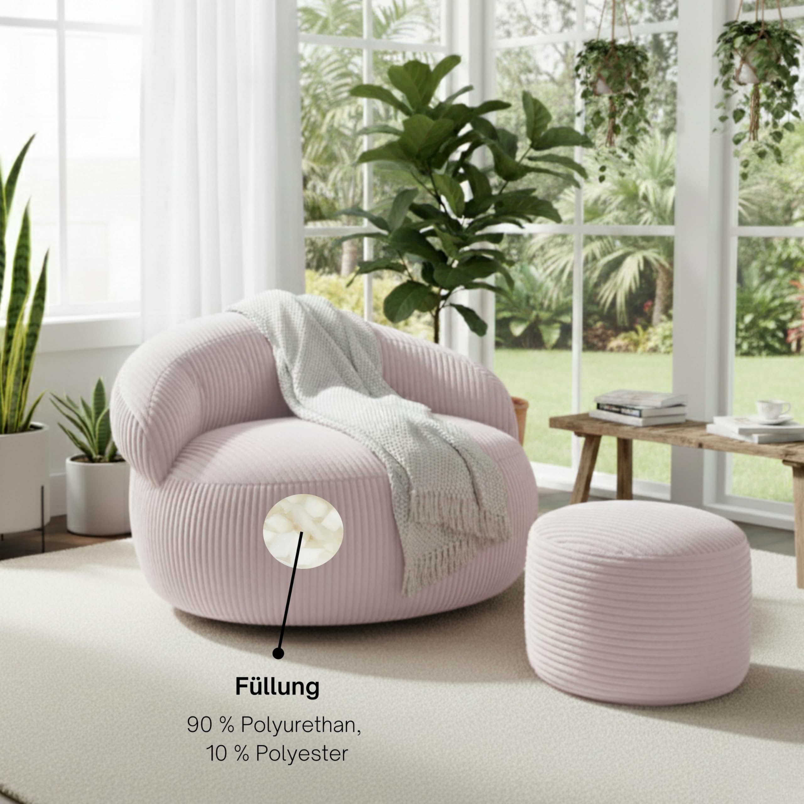 bananair – Sitzsack für Wohnzimmer aus Cord mit Fußhocker - XXL Bean Bag Chair Weich - Maschinenwaschbarer Bezug - Ideal für Salon, Schlafzimmer Erwachsene, Jugendliche (110 × 100 cm, Hellrosa)