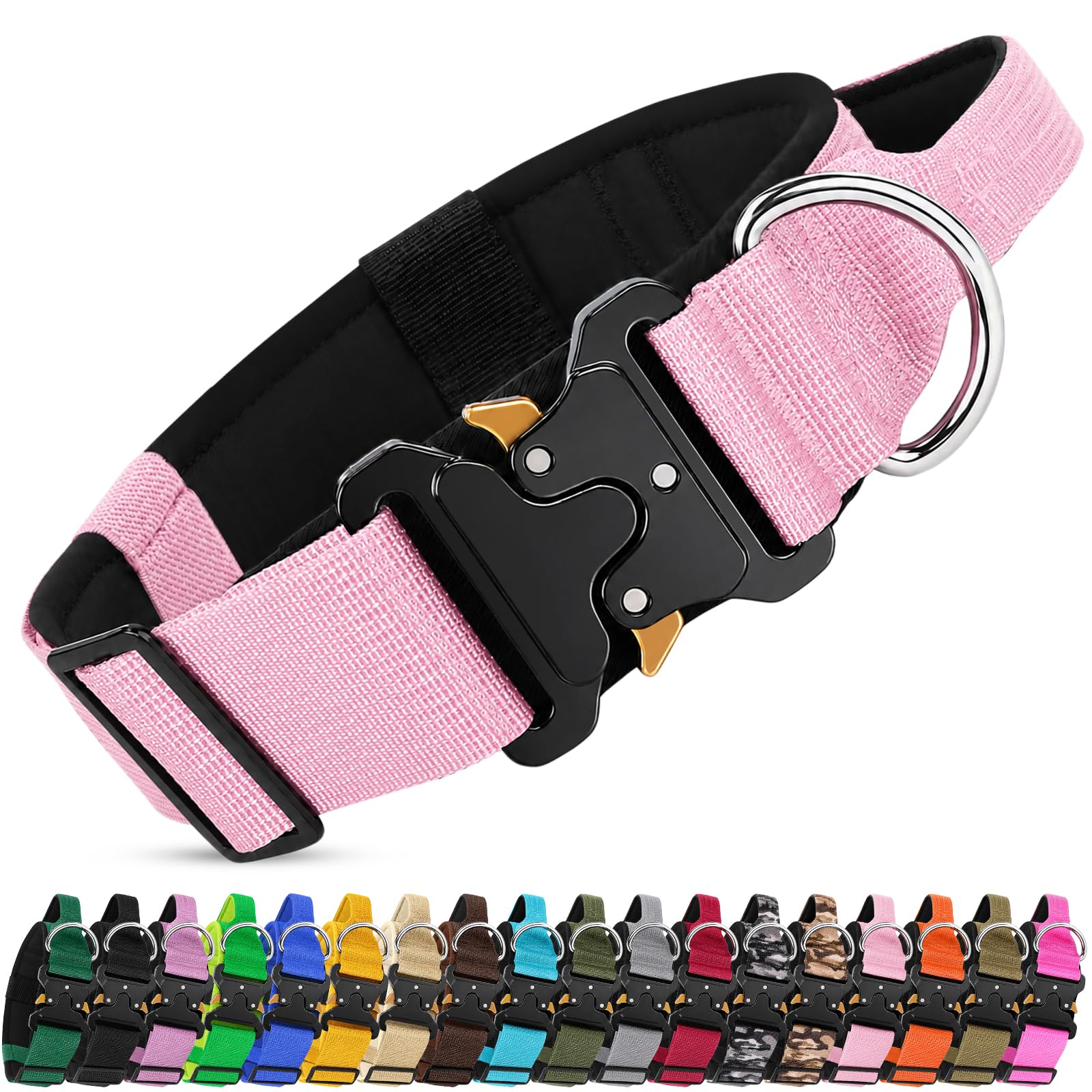 Olcyren Tactical Dog Collar, Military Nylon Adjustable Training Dog Collar with Control Handle, Soft Padded Comfortable Strong Pet Collars with Heavy Duty Metal Buckle for Medium Large Dogs (Pink, L)