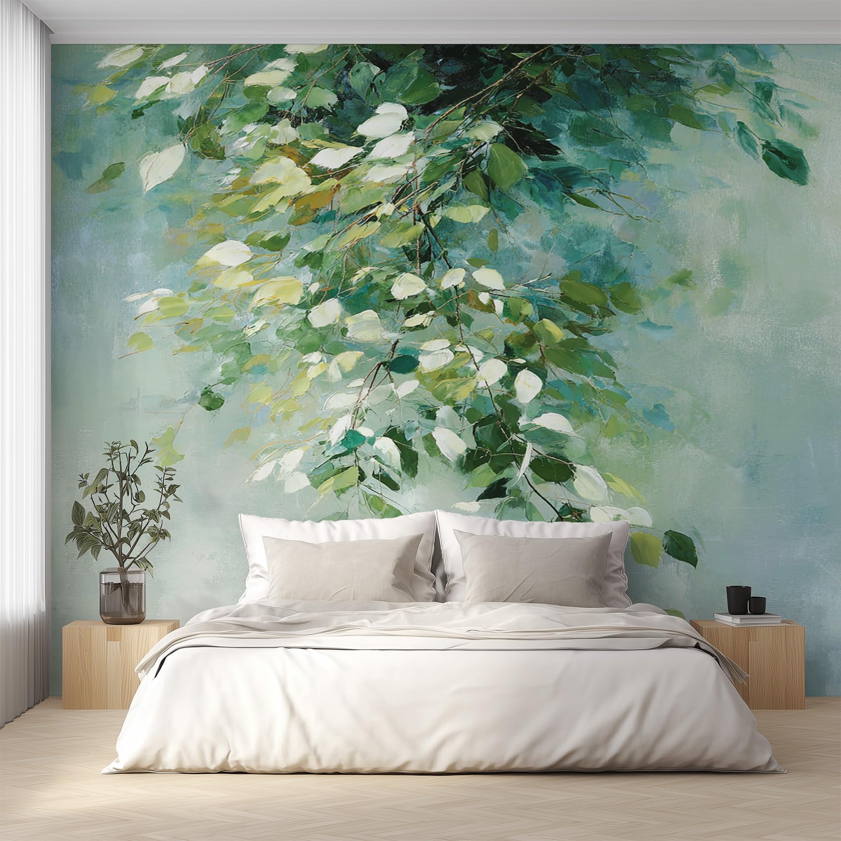 Papier peint panoramique intissé feuille vert 350x256cm pour salon