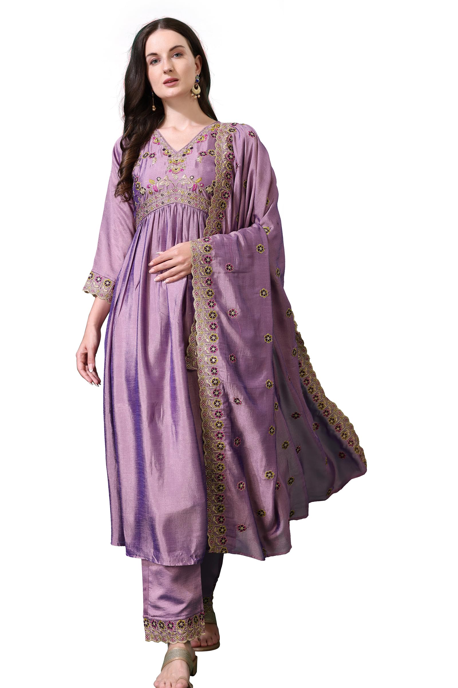 Pratham Blue Women's Silk Embroidered Regular Kurta Sets (Bkp-1005-Xl_Pink