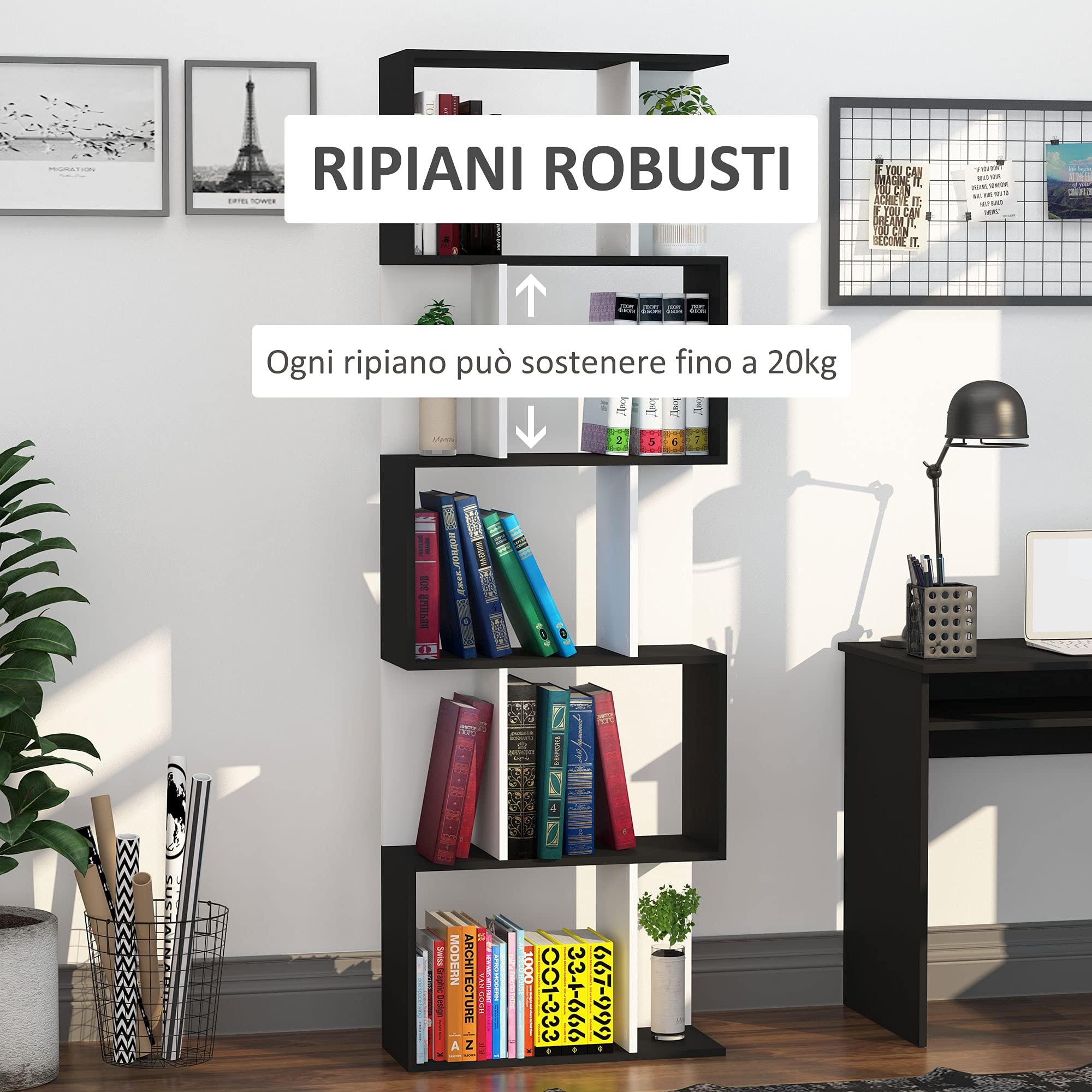 Libreria A Parete HOMCOM Design Zig-zag, 6 Ripiani Scomposti, Nera, In Pannello Truciolare, 80x24x191 Cm