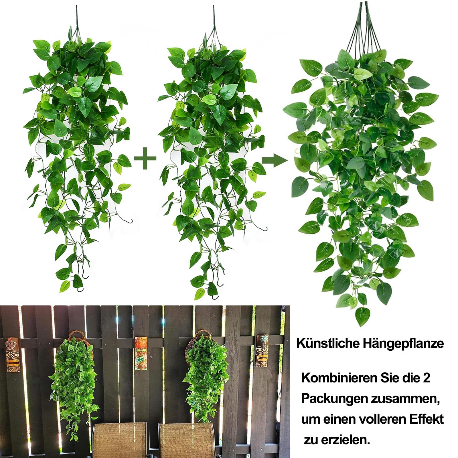 Sztuczna roślina wisząca, 2 sztuki, sztuczna roślina wisząca, 100 cm, wiszące plastikowe rośliny, sztuczny bluszcz, winorośl, do użytku wewnątrz i na zewnątrz, do ogrodu, dekoracja ścienna