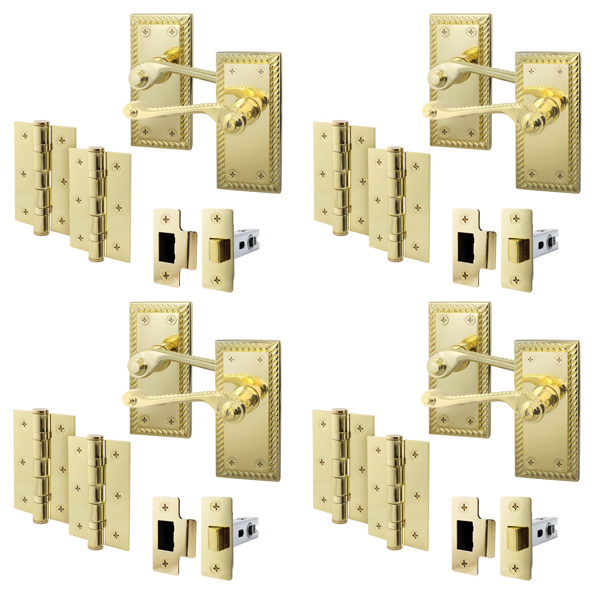EAI Polished Brass Georgian Scroll Door Handle Latch Set - 4 Pairs Internal Handles, Hinges (76mm) & Latch (64mm) - Rope Design