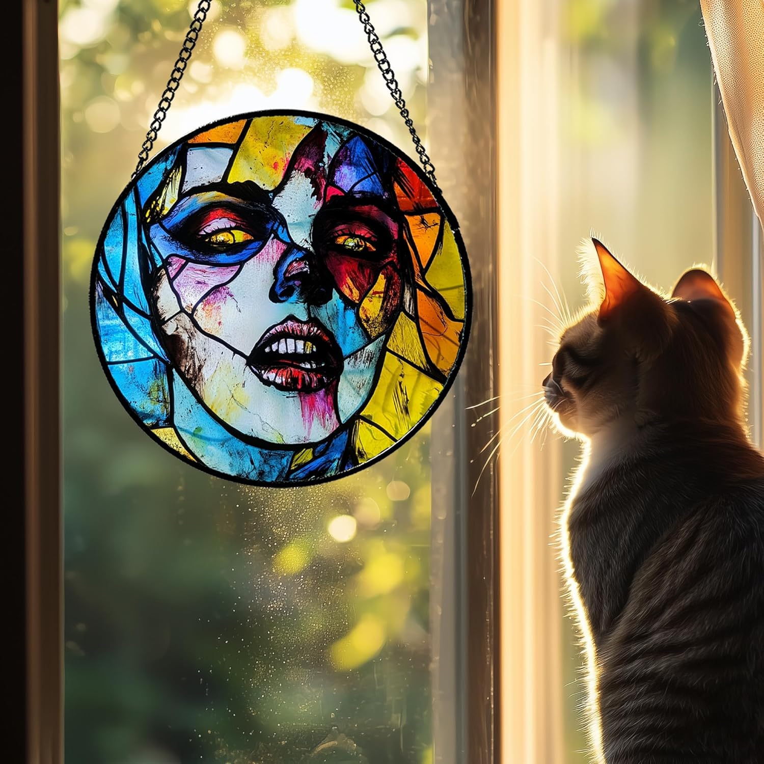 Stained Glass Window Hanging Halloween Horror Night Bloodstained Face Large 11.8" - Suncatcher Door Garden Sun Catcher Gothic Decor Birthday Evil Funny Gift for Mom Woman Nana Friend Men