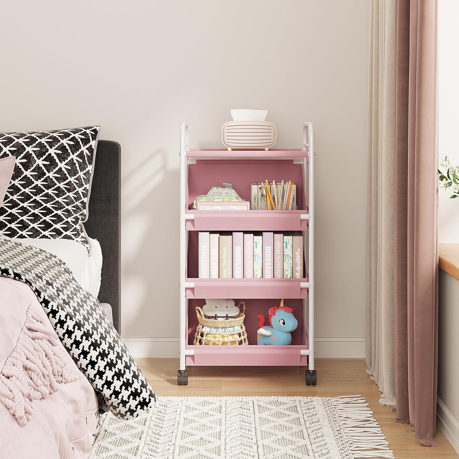 Buzowruil Utility Rolling Fabric Storage Rack Trolley Toy Cart Trolley with 3 Large Storage Boxes,Wheels, Suitable for Bedroom, Living Room, Entryway, Pink