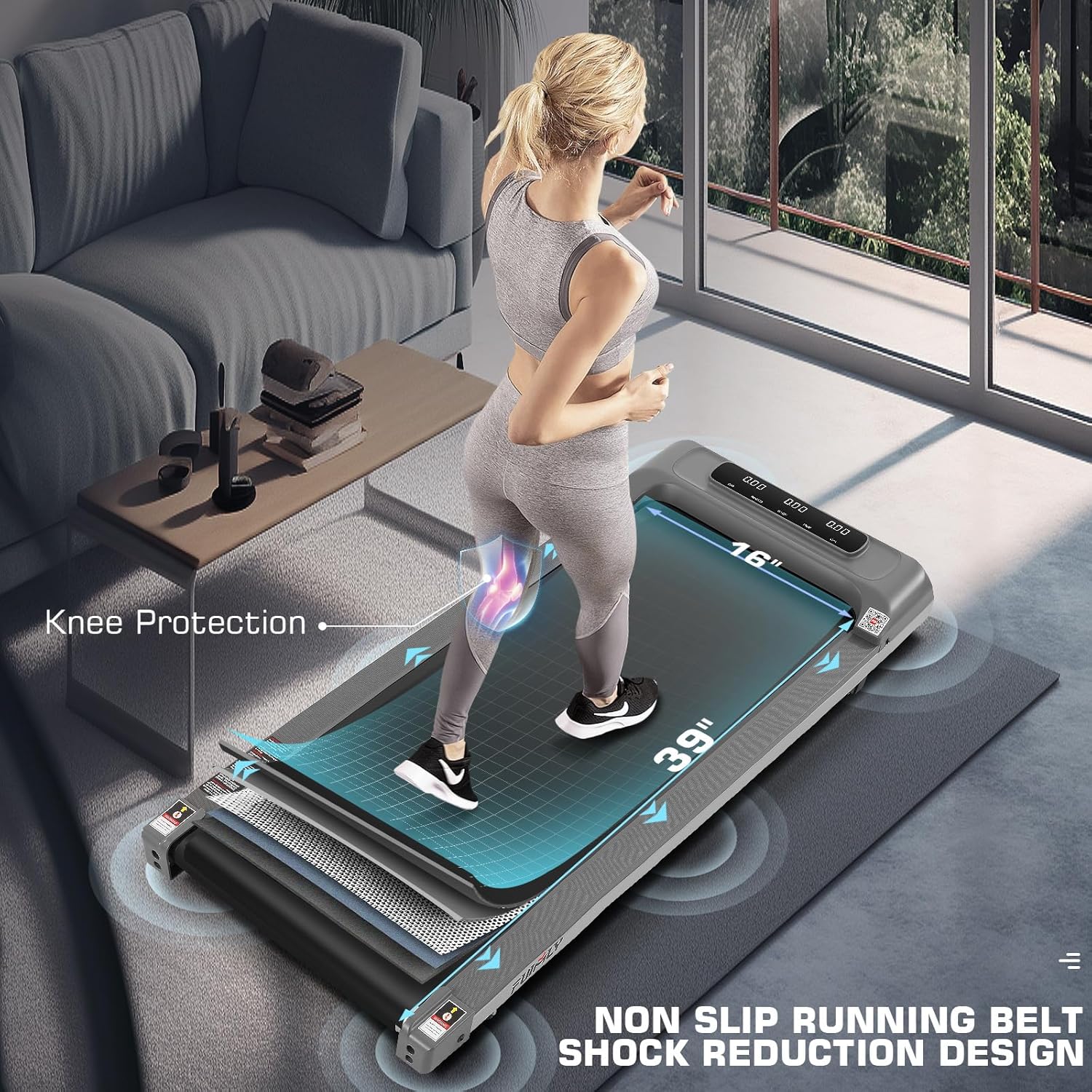 Diagram showing the multi-layer running belt of the FUNMILY Walking Pad with emphasis on knee protection and shock reduction.