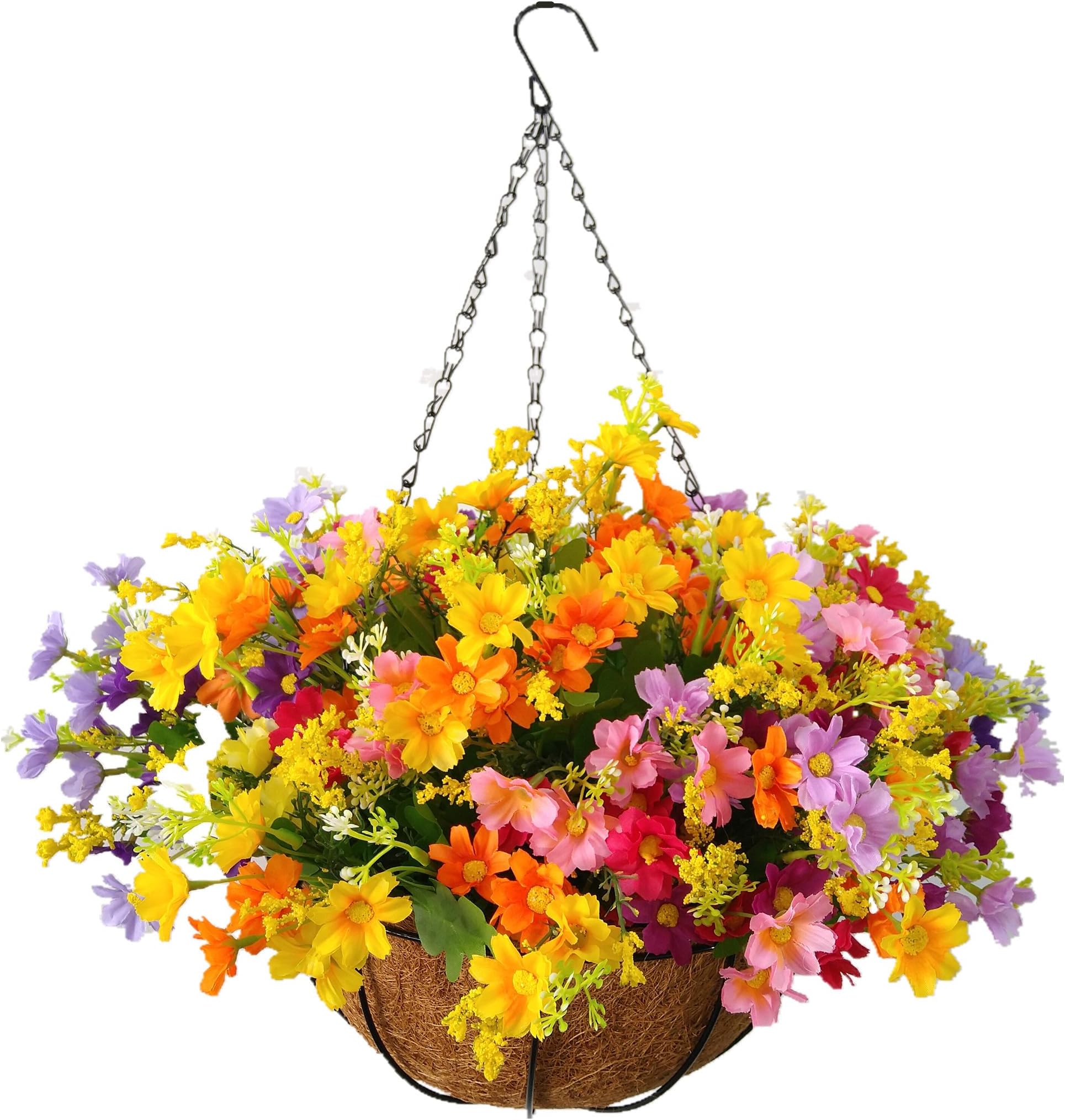 MynseFlo Daisy Flower Artificial Hanging Plant Home Balcony Indoor Outdoor Decor Fake Flower Hanging Basket with Chain Flowerpot (Big Basket with Artificial Daisy Flowers) Flo