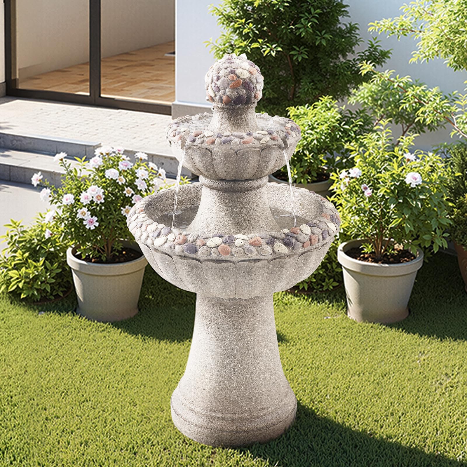 VEVOR Fontana da Esterno, Fontana e Cascata da 480 x 480 x 927 mm, Fontane in Fibra di Vetro e Resina a 2 Livelli con Base in Roccia da Pavimento e Pompa, per Esterni, Interni, Giardino, Casa