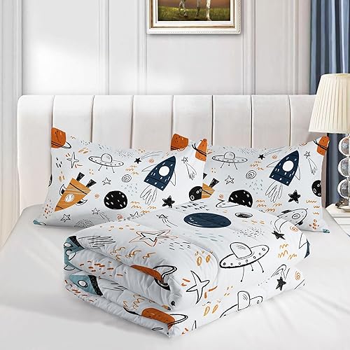 Miniatura 4 de Juego de edredón de cohete del universo espacial para niños y niñas, planeta de nave espacial alienígena, edredón de 3 piezas con 1 edredón y 2