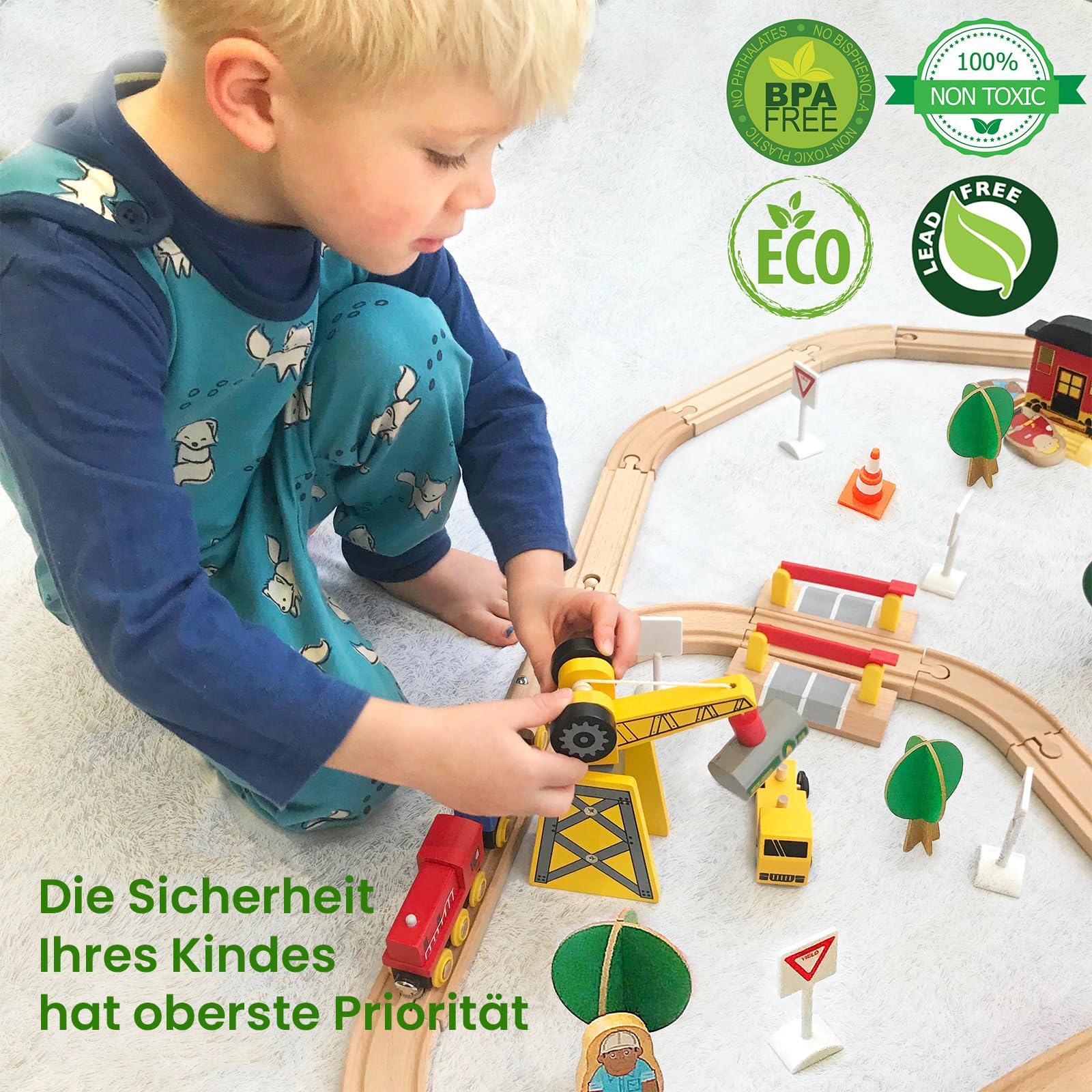 Tiny Land 55Pcs Holzeisenbahn Set - Holz Eisenbahn für Kinder mit Kran | Kombinierbar Zug Spielzeug, Holzeisenbahn Zubehör Passend für Alle Großen Marken, Holzzug Spielzeug für Kinder ab 3~5