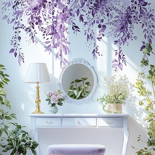 Miniatura 8 de VePret Calcomanías de pared de hojas y plantas moradas, calcomanías de pared de flores grandes, diseño de vid extraíble, decoración del hogar, arte