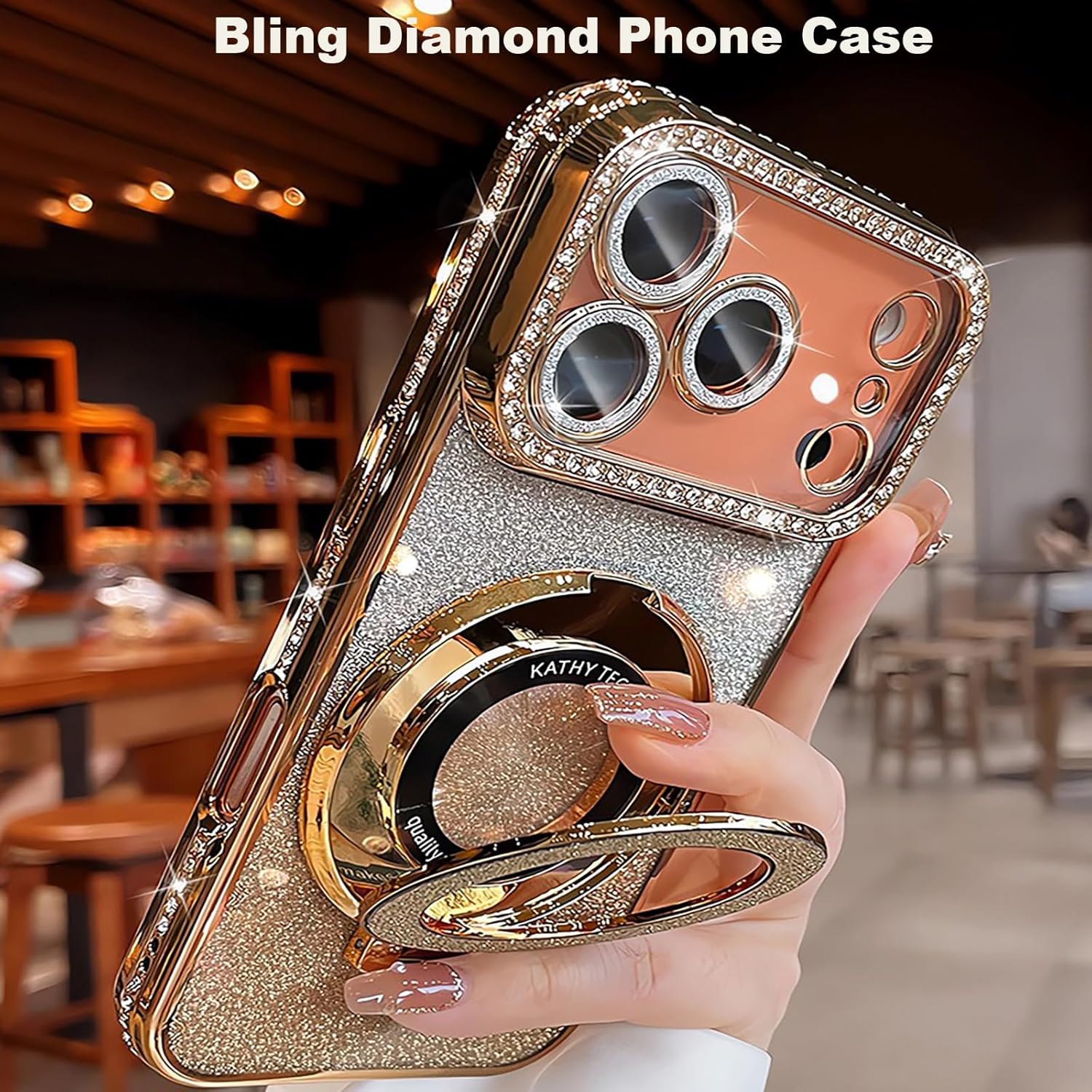 Magnetic Kickstand Case for iPhone 17 Pro Max with Glitter Lens Protector, Compatible with Magsafe, Luxury Bling Diamond Cover Glitter Rhinestone Phone Case Women (Gold, for iPhone 17 Pro Max 6.9") - Image 2