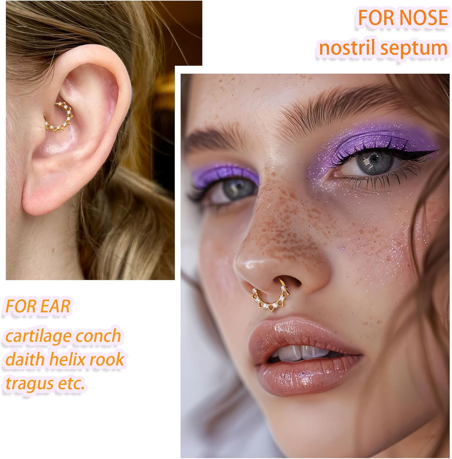 BodyBonita 16G Septum Rings Pink/Red/Green/Clear CZ, G23 Titanium Nose Ring Hoops, Septum Jewelry Clicker, Conch Helix Tragus Rook Daith Piercings for Women Men Silver/Gold 8/10 mm - Image 4