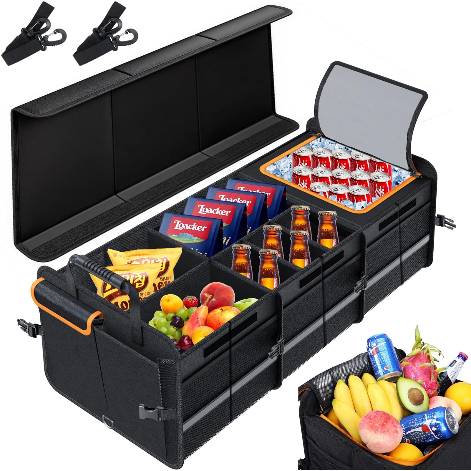 Grande organizer per bagagliaio da 105 l, con borsa termica integrata, a prova di perdite, pieghevole, con 3 scomparti principali, 9 tasche a rete e 2 tasche laterali per auto, SUV, camion