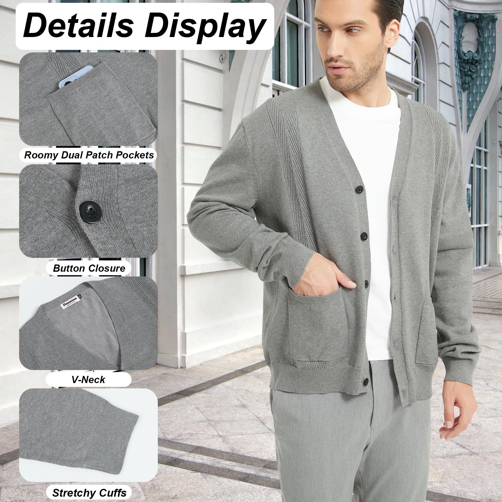 Cardigan pour Homme Décontracté Pull Manches Longues en Maille avec Col en V, Veste en Tricot Coton pour Hommes Gilet Automne Hiver avec Poches et Boutons